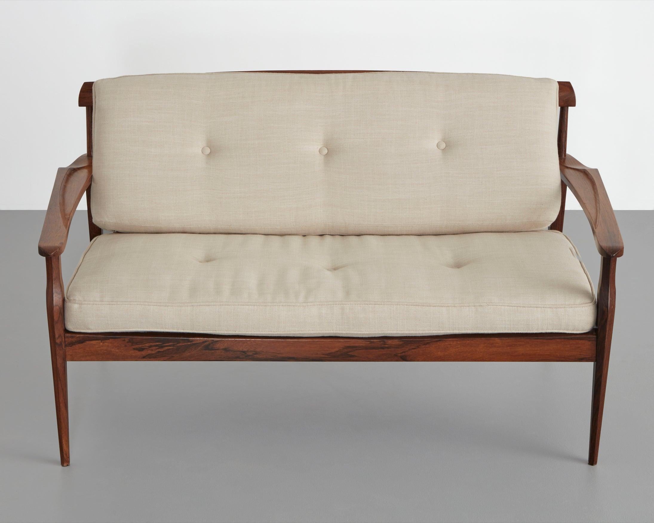 Two-Seat Sofa with Rosewood Frame Designed by Joaquim Tenreiro In Good Condition For Sale In New York, NY