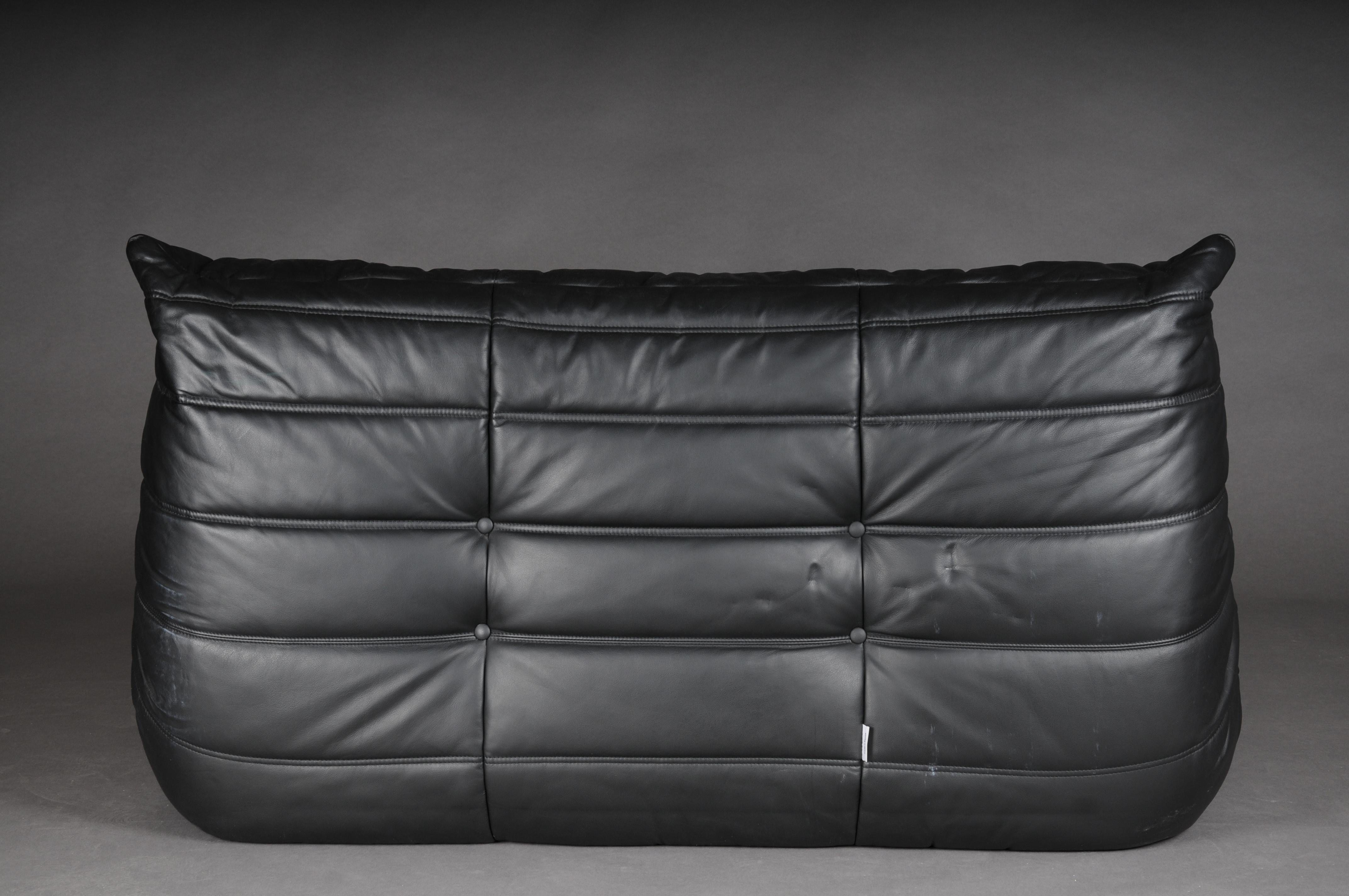 Two Seat Togo Sofa, black Leather by Michel Ducaroy, Ligne Roset, France For Sale 3