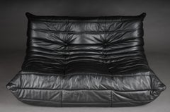 Two Seat Togo Sofa, black Leather by Michel Ducaroy, Ligne Roset, France