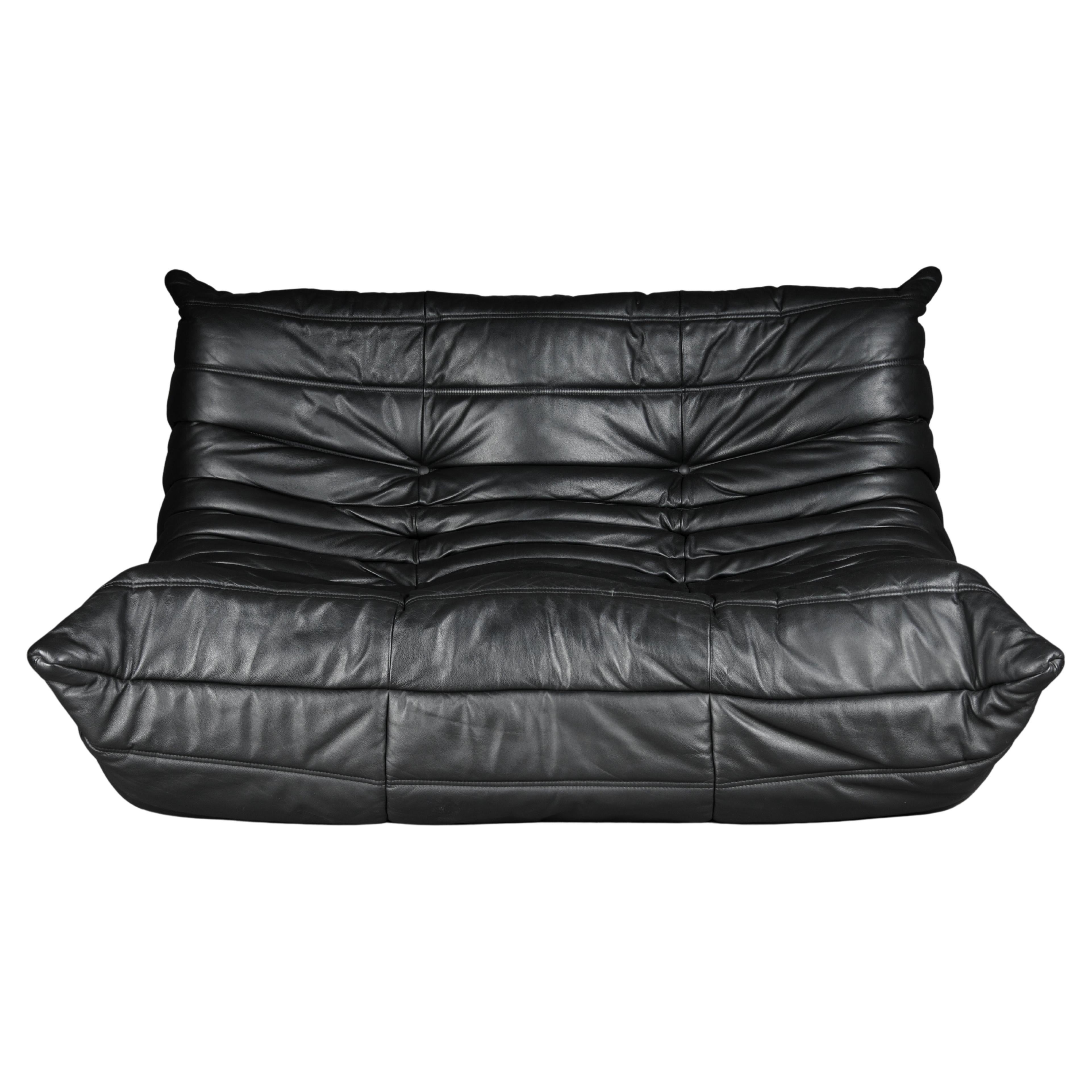 Two Seat Togo Sofa, black Leather by Michel Ducaroy, Ligne Roset, France