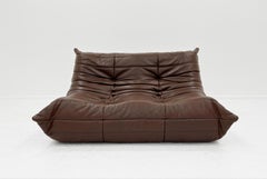 Sofá Togo de dos plazas, cuero marrón de Michel Ducaroy, Ligne Roset, Francia, años 70
