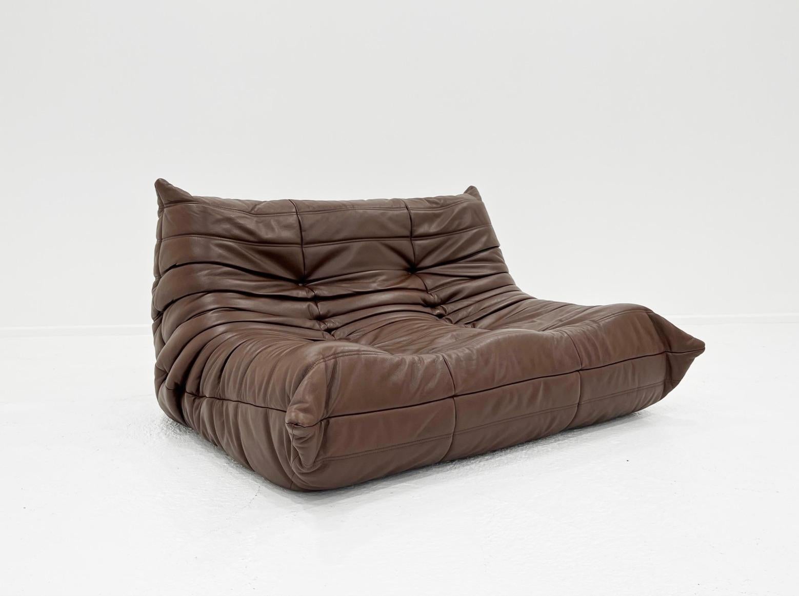 Mid-Century Modern Two Seat Togo Sofa, Brown Leather by Michel Ducaroy, Ligne Roset, France, 1970s