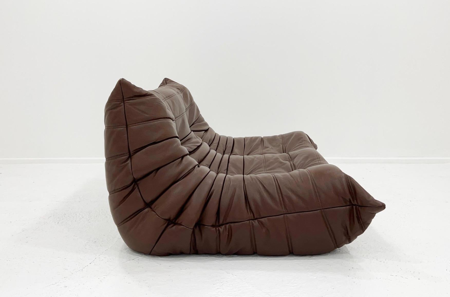 French Two Seat Togo Sofa, Brown Leather by Michel Ducaroy, Ligne Roset, France, 1970s