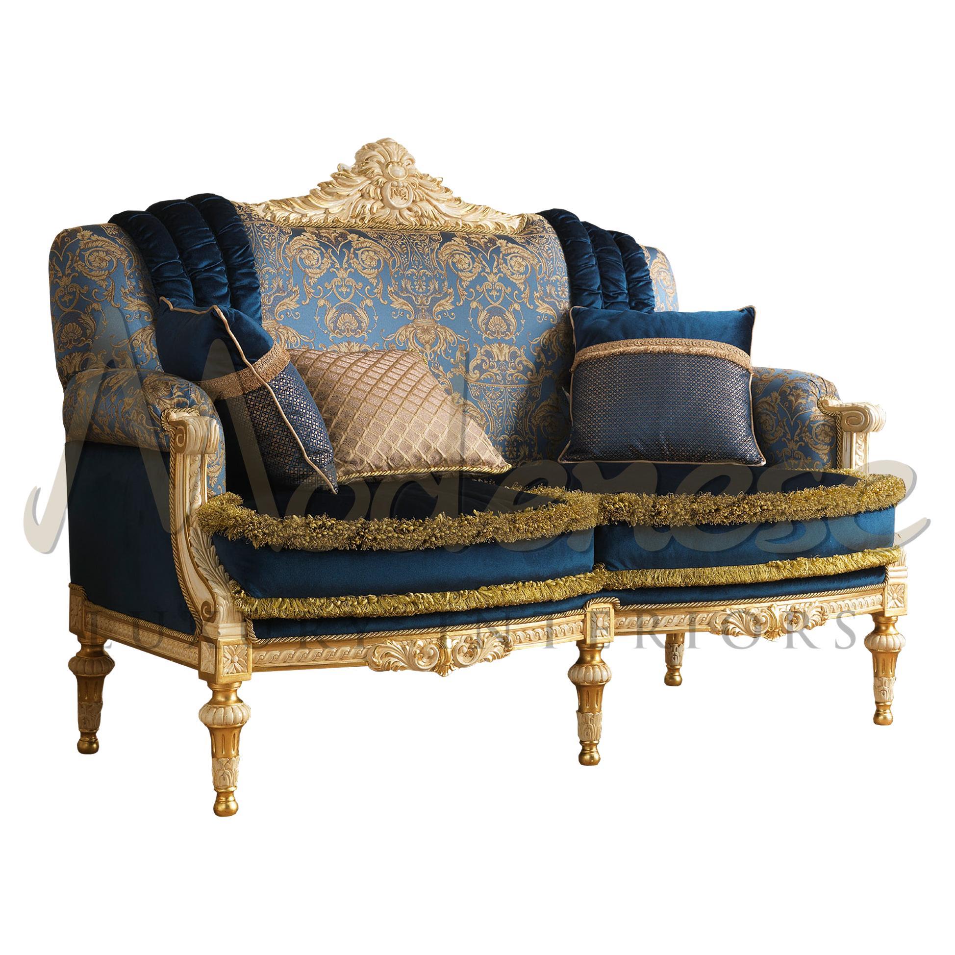 Two Seater Blue Damask Sofa in Gold Leaf Carving by Modenese Interiors For Sale