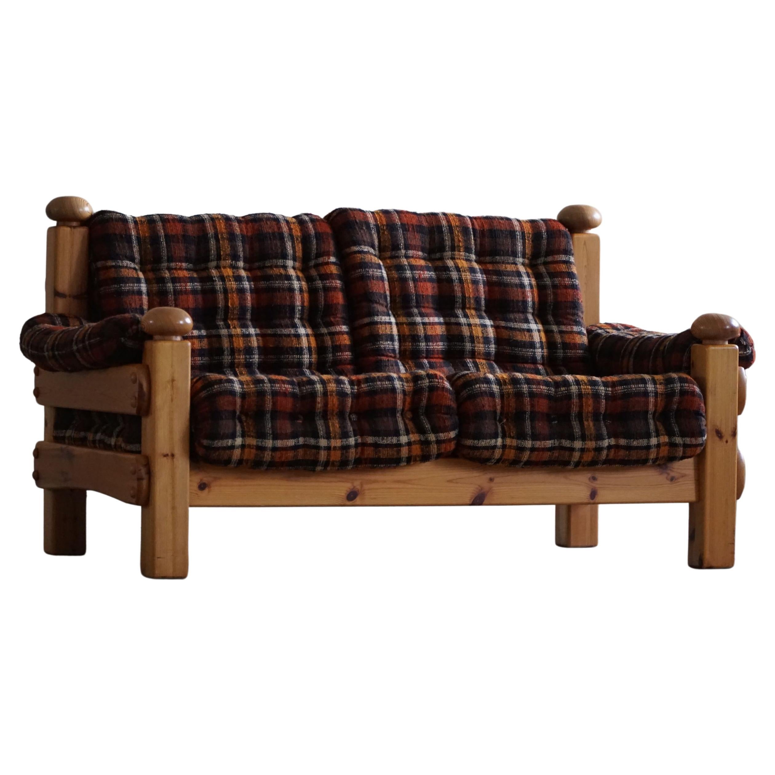 Two Seater Brutalist Sofa in Solid Pine, Swedish Modern, Made in the 1970s For Sale