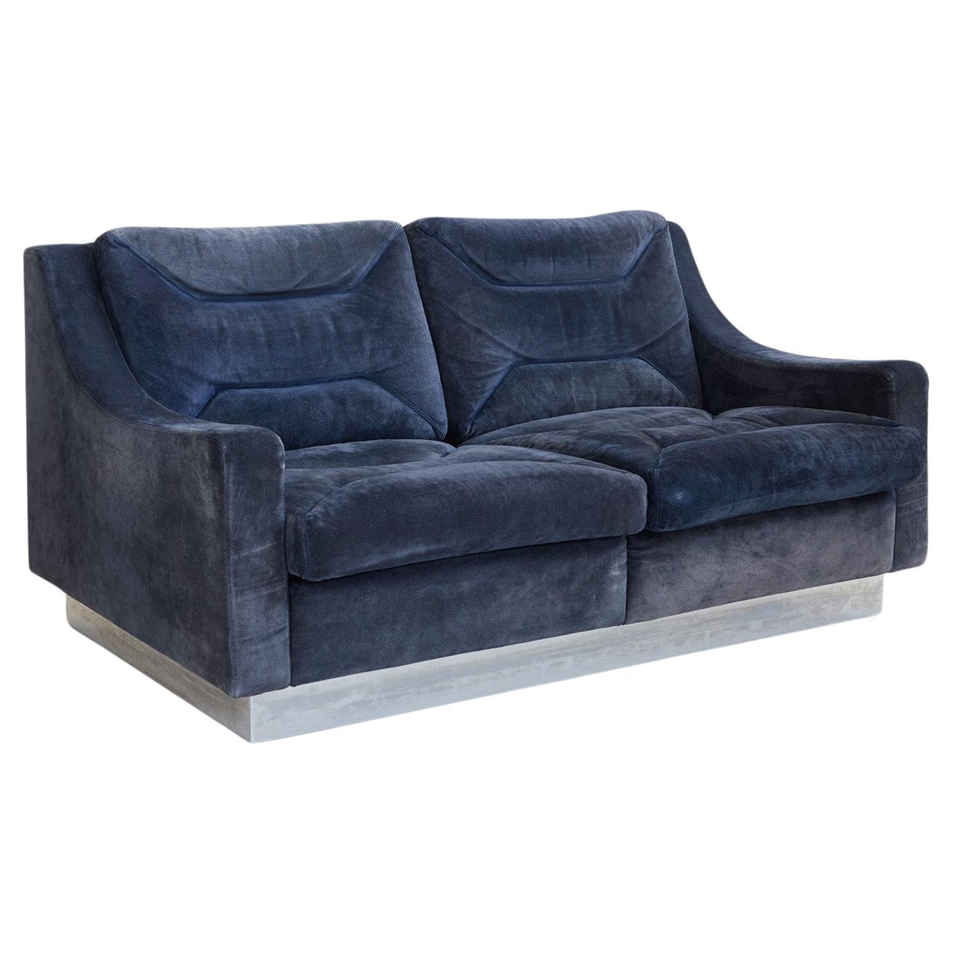 Two-seater dark blue suede sofa in the style of Jacques Charpentier, France 1970