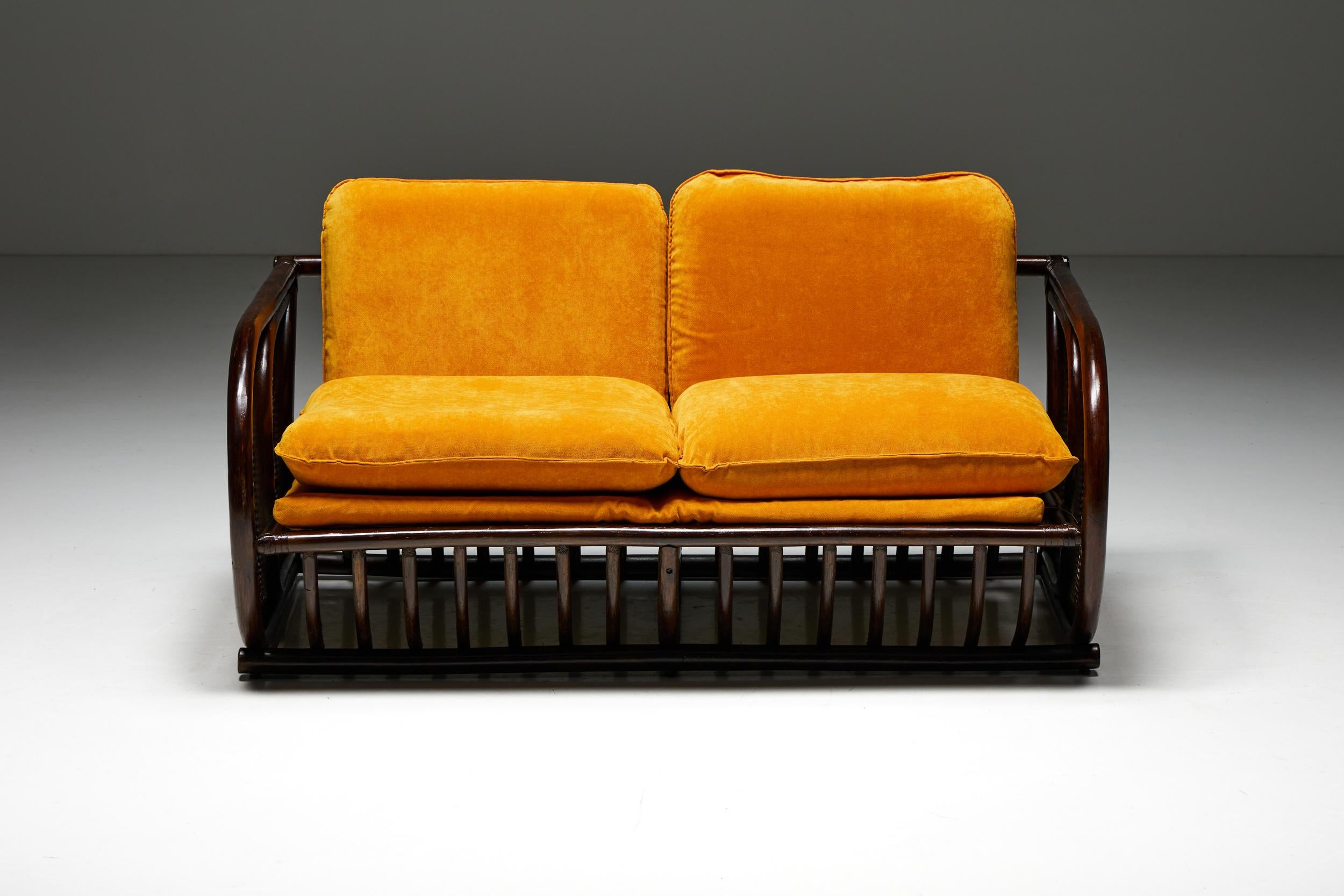 Italian Design; Art Deco; Vienna Straw; Bamboo; Outdoor; Indoor; Two Seater; Bench; 1970s; Mid-Century Modern; Italy;

Two-seater bench in art deco style, featuring gracefully rounded sides adorned with Vienna straw. Inspired by the renowned
