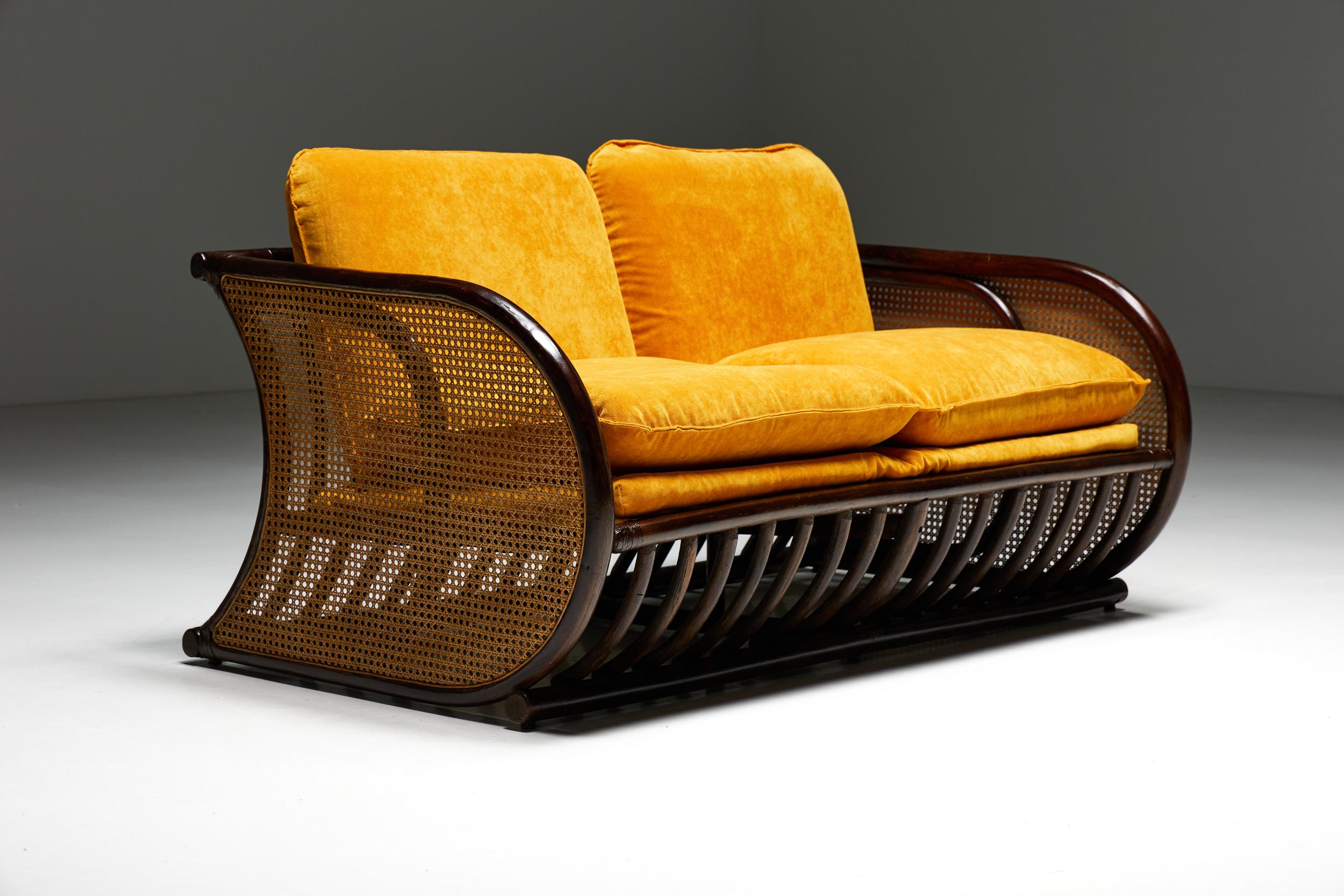 Art Deco Two-Seater Italian Bamboo Bench, 1970s For Sale