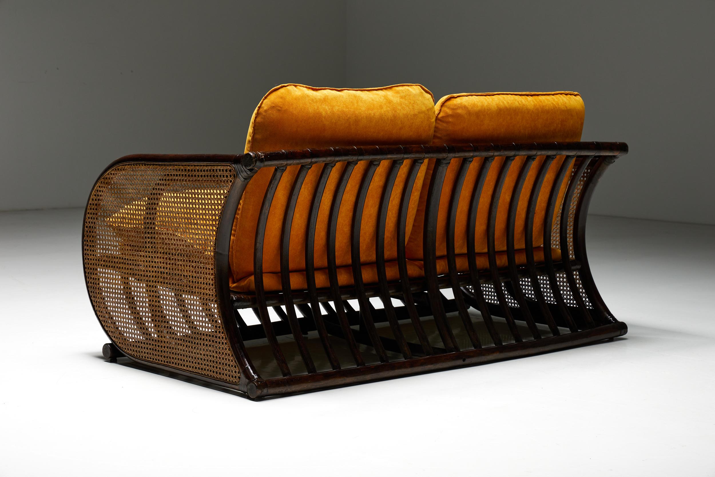 Velvet Two-Seater Italian Bamboo Bench, 1970s For Sale