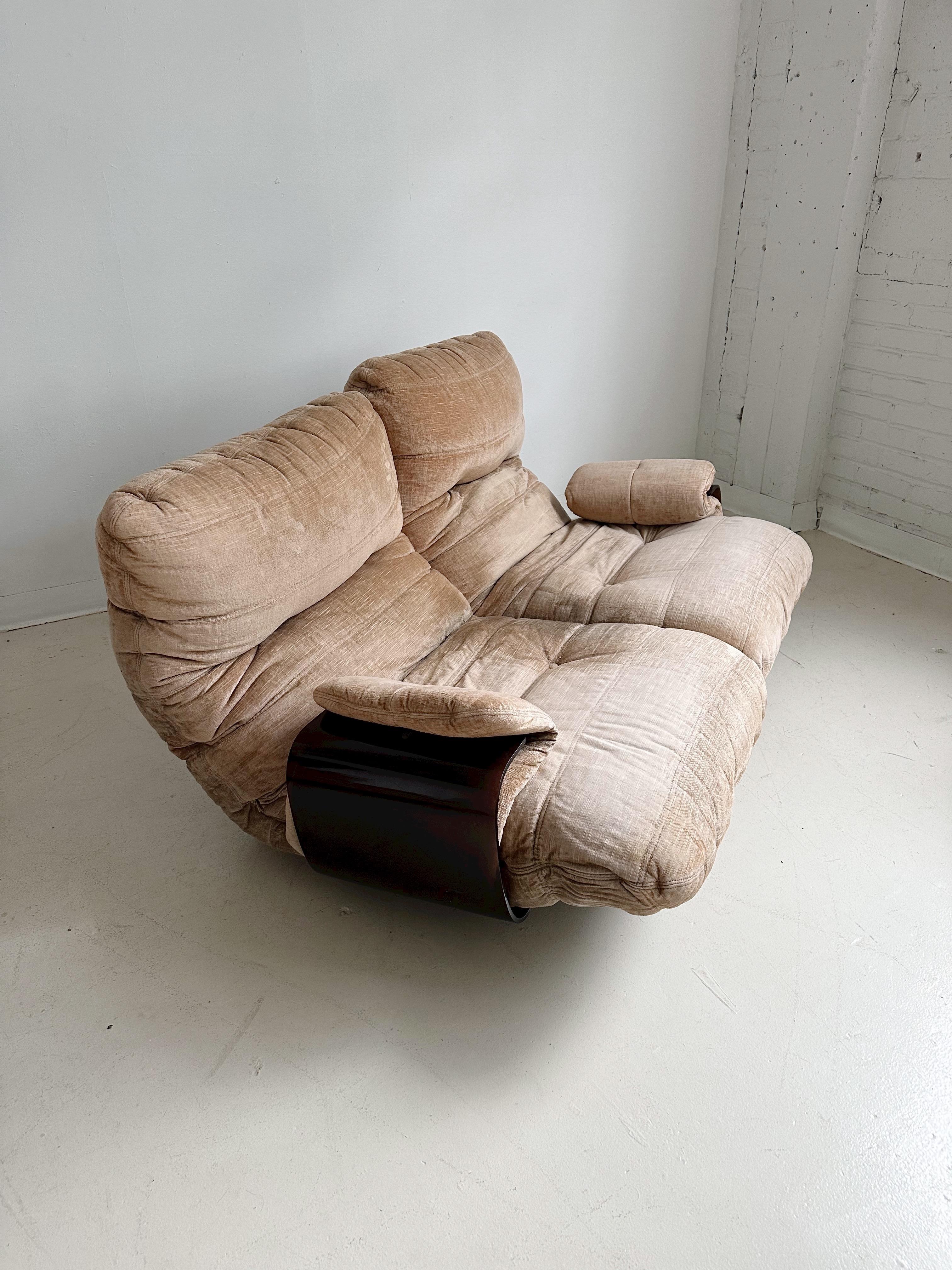 Two Marsala 2 Seater Sofas by Michel Ducaroy for Ligne Roset, 70's

Price is FOR ONE SOFA.

Features a dark brown plexiglass base and light brown cushions.

//

Dimensions:
54”W x 44”D x 28”H  each

Seat height 15