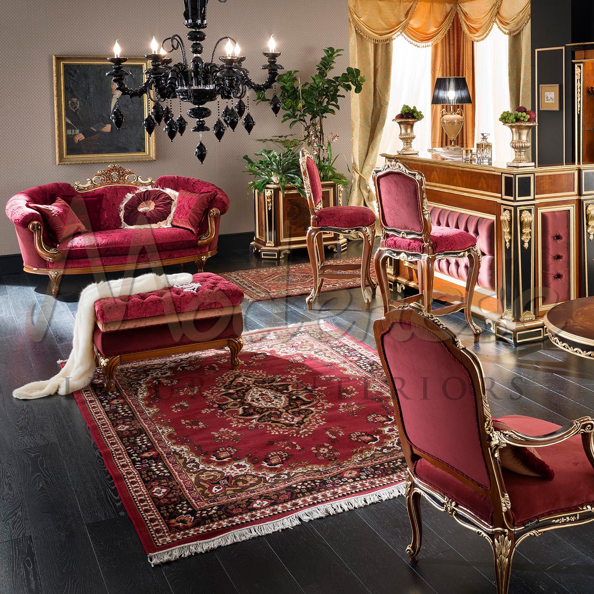 If you want to create the red passsion mood and tone, look no further than this lover seat sofa. The selection of crimson Made in Italy fabric stands perfectly against the golden wood frame. Handcrafted wooden armrest and legs with the gilding gold