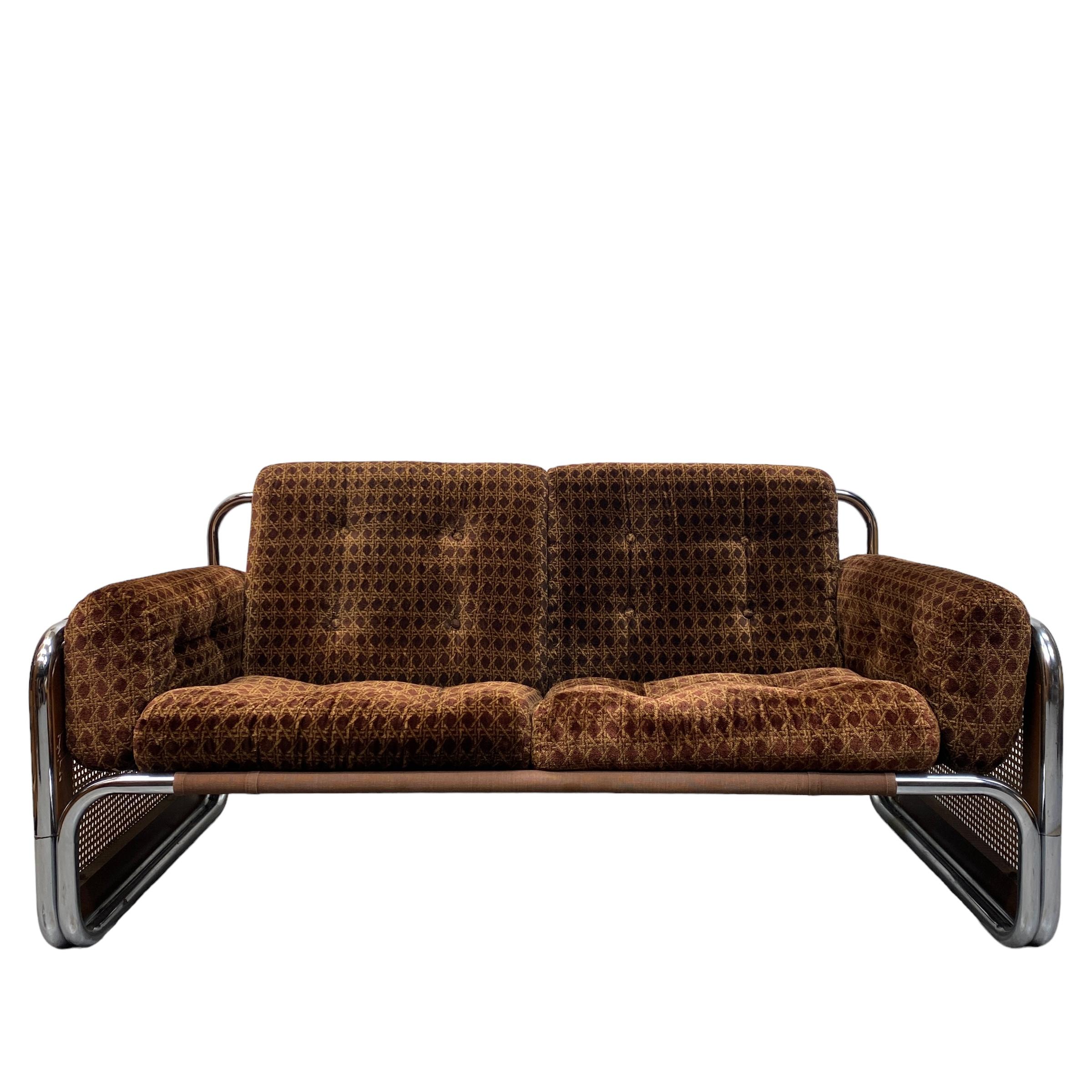 Mid-Century Modern Two Seater Sofa 70s Habitat Chrome Velour Wicker