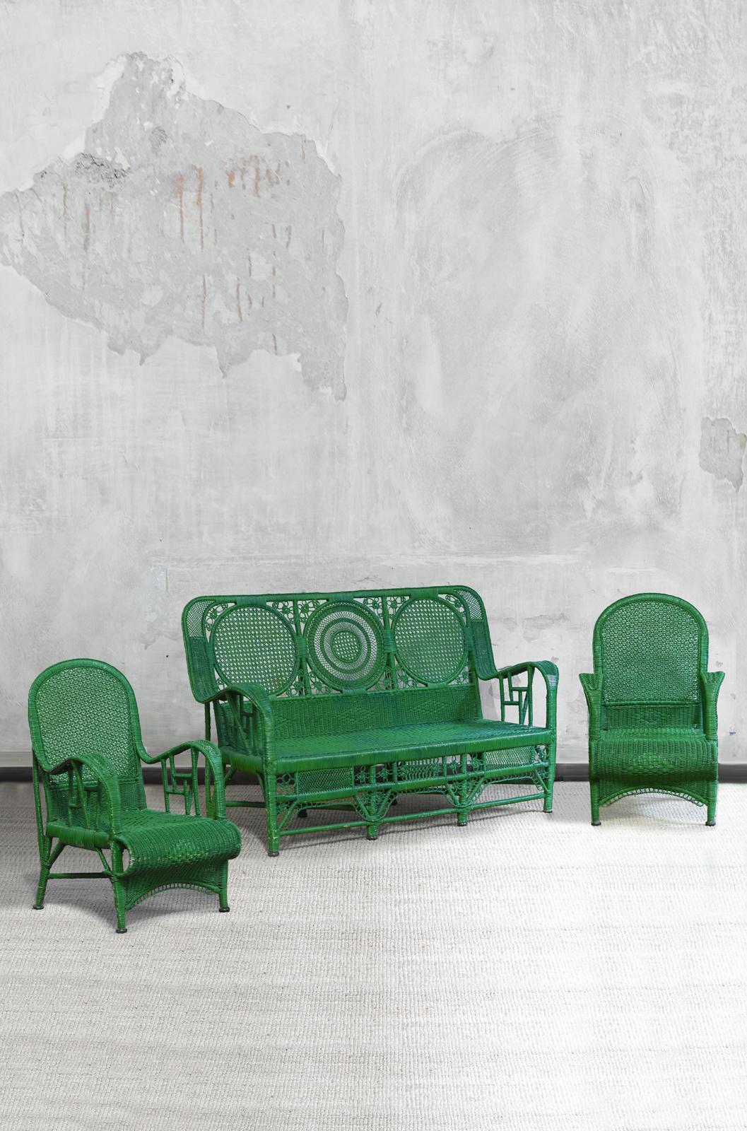 Divano a due posti in rattan intrecciato verde, anni '70 in vendita 2