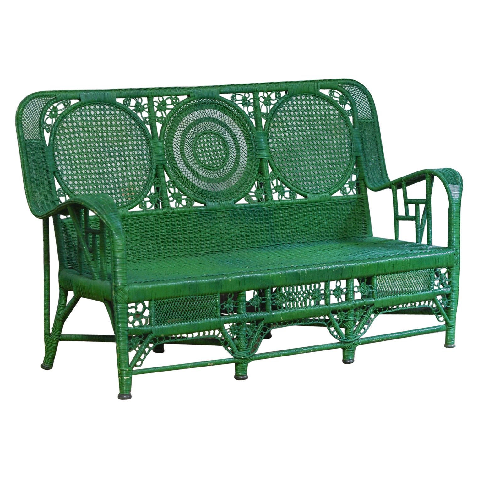 Two-seater sofa in green woven rattan, 1970s