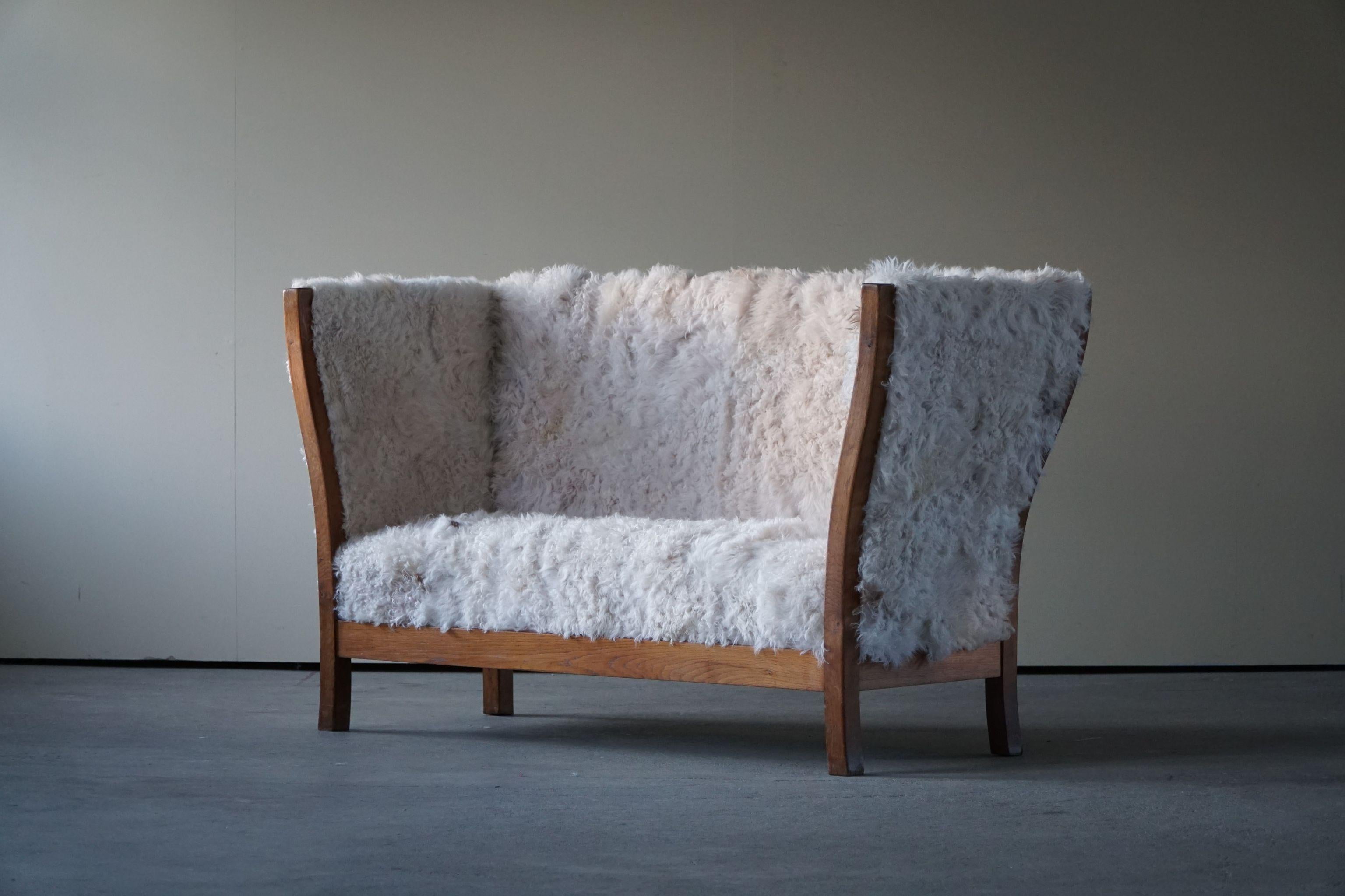 Two Seater Sofa in Oak, Reupholstered in Lambswool, Danish Cabinetmaker, 1940s 6