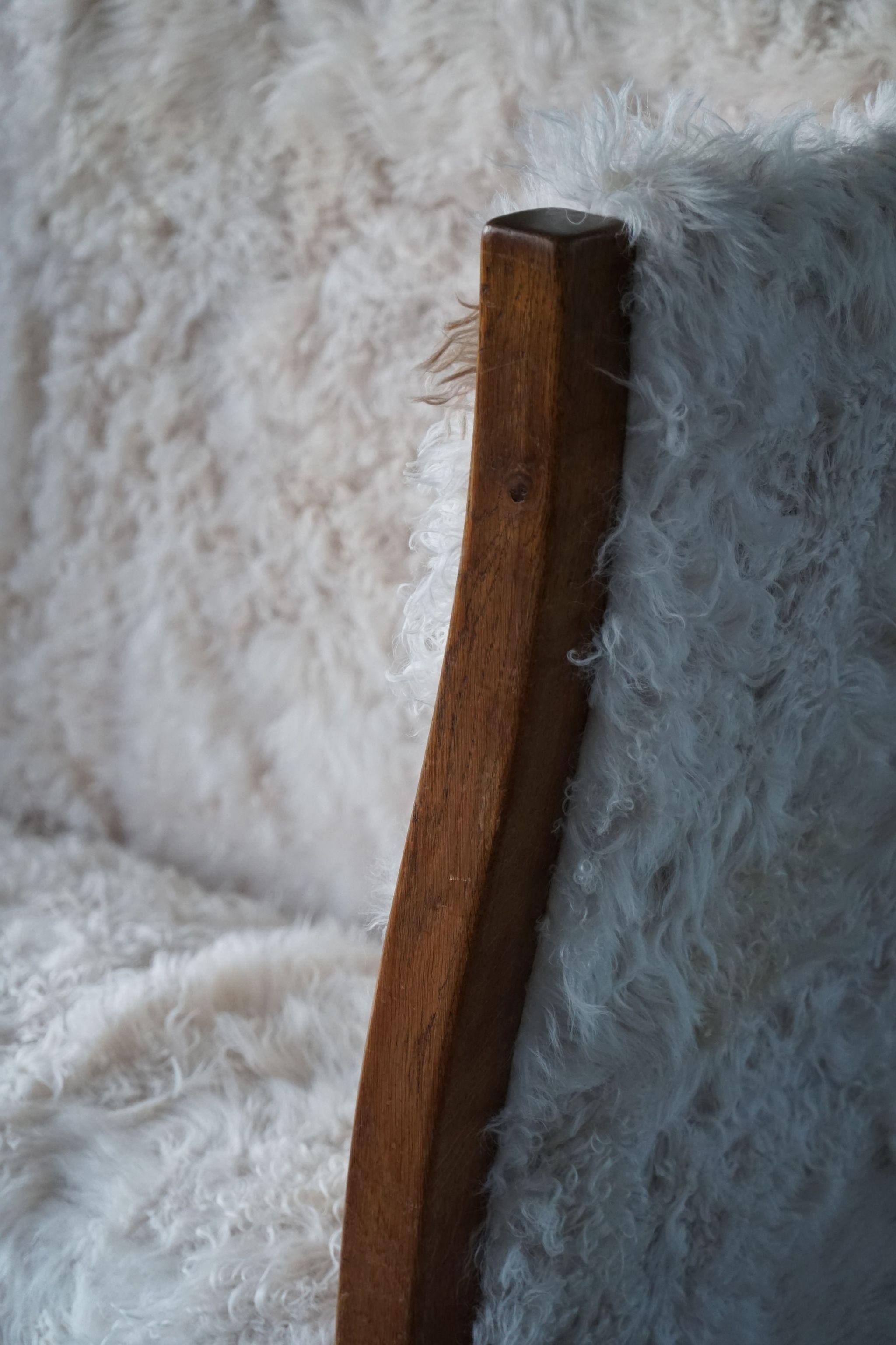 Lambskin Two Seater Sofa in Oak, Reupholstered in Lambswool, Danish Cabinetmaker, 1940s