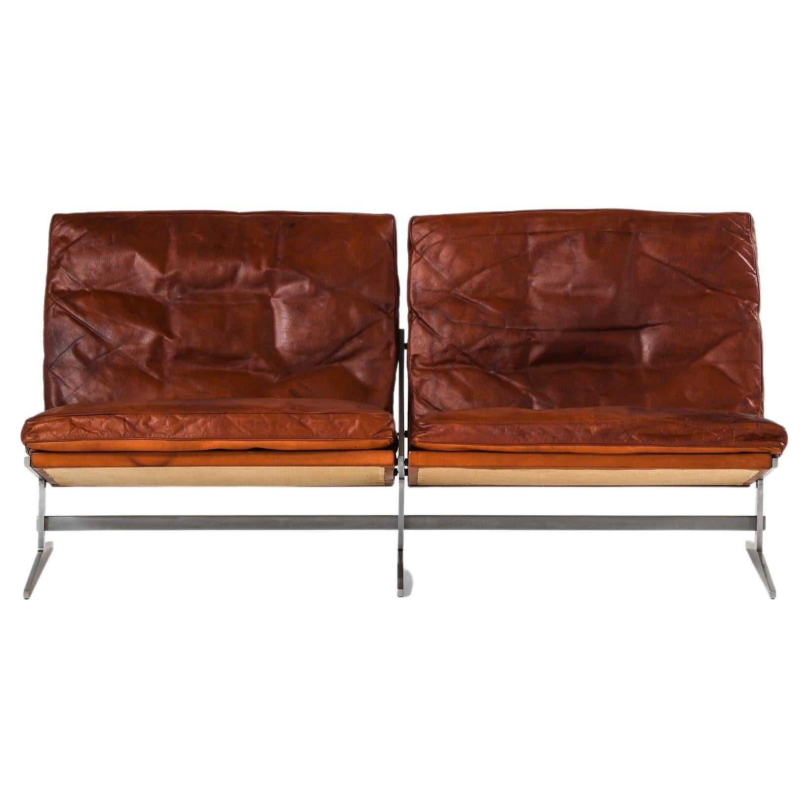 Two Seater Sofa in Steel & Leather by Jørgen Kastholm & Preben Fabricius, 1960's For Sale