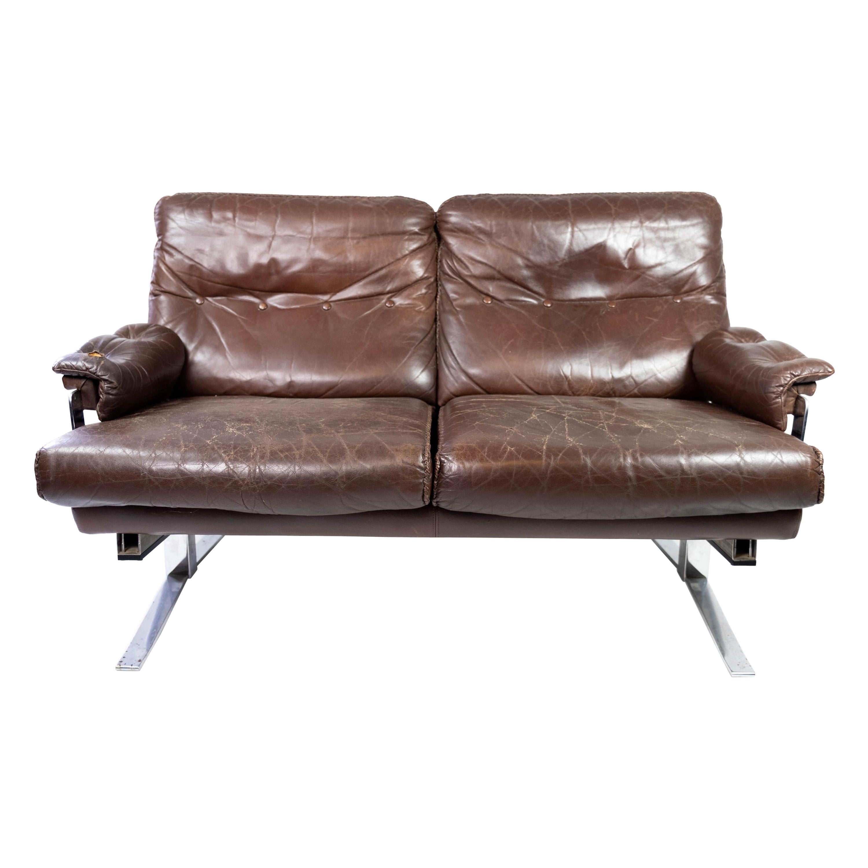 Two Seater Sofa Made In Patinated Brown Leather By Arne Norell From 1970s For Sale