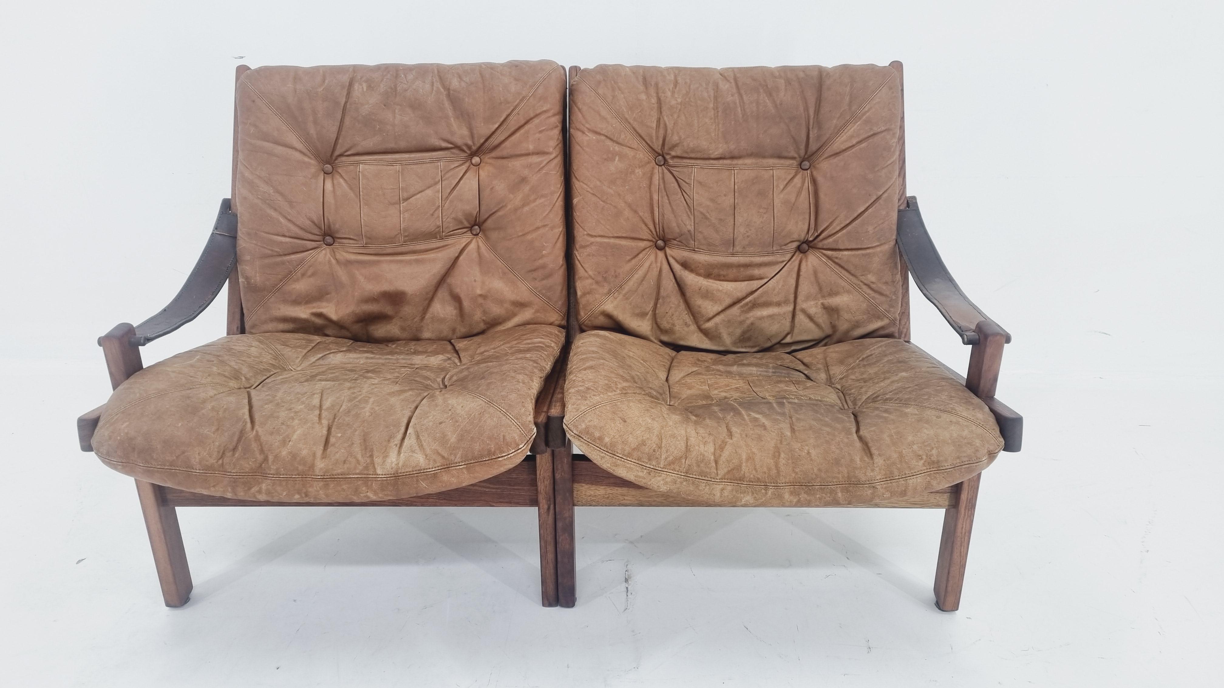 Leather Two-Seater Sofa Set Hunter by Torbjørn Afdal for Bruksbo Norway, 1960s For Sale