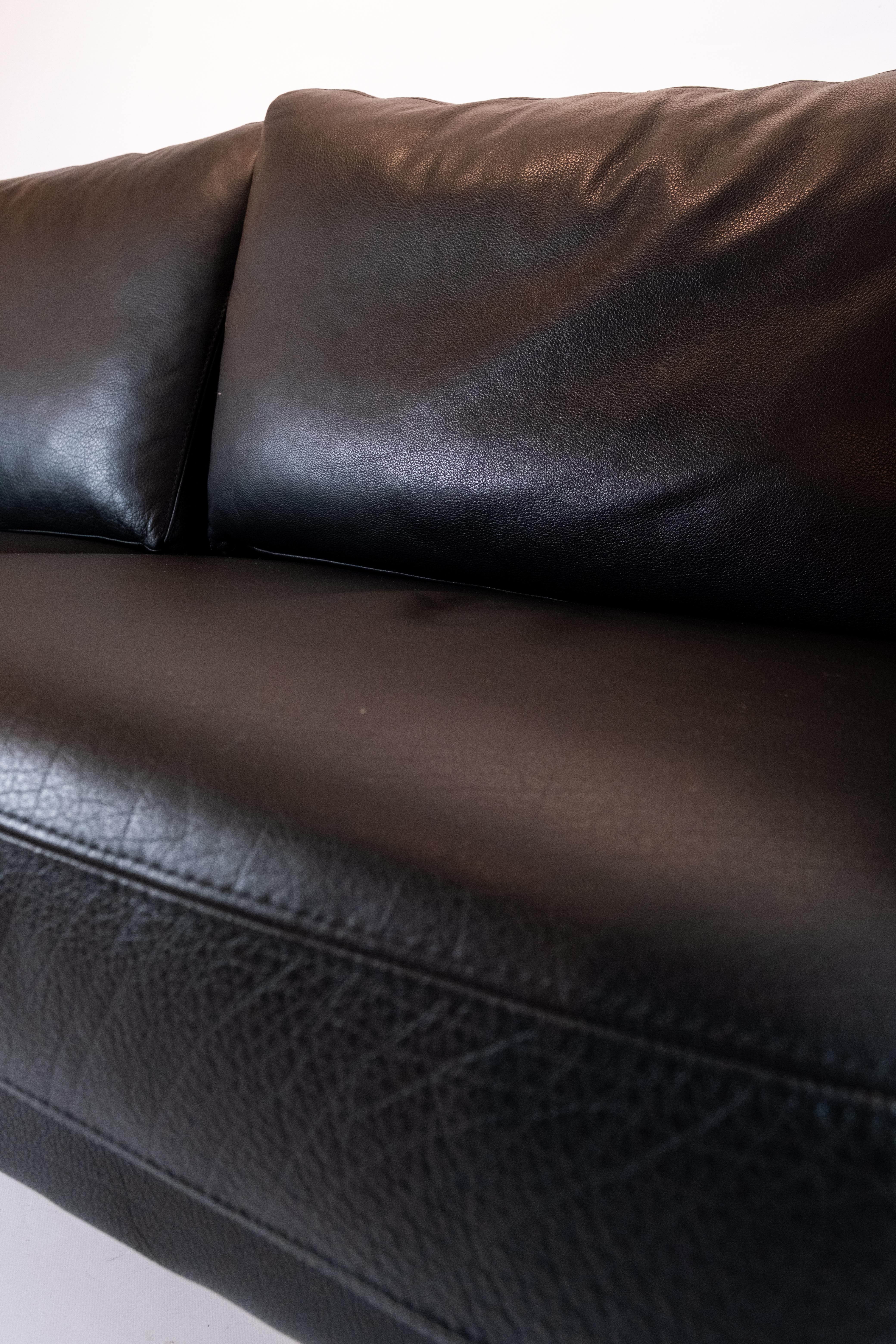 Scandinavian Modern Two-Seat Sofa Upholstered with Black Leather and of Danish Design For Sale