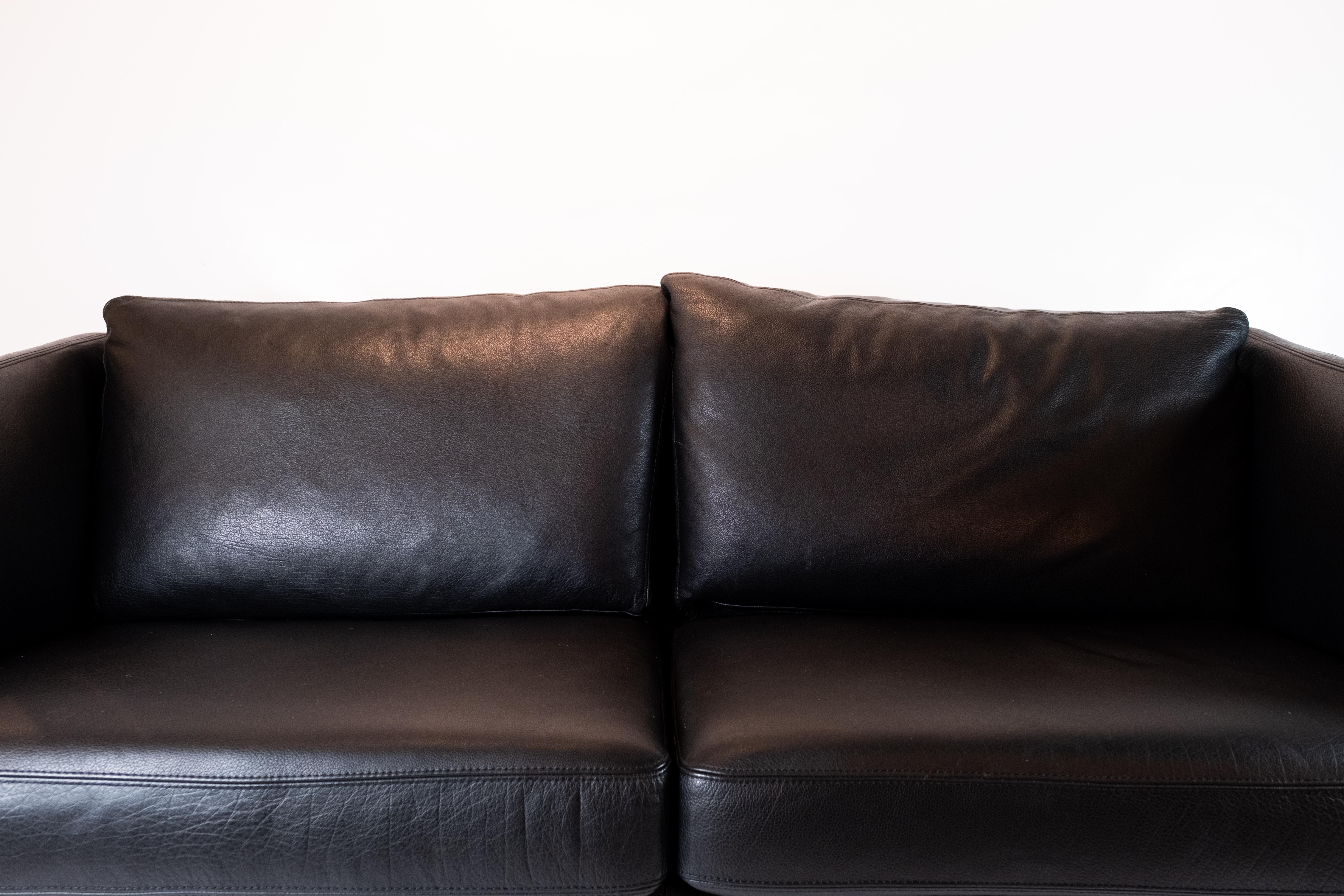 Two-Seat Sofa Upholstered with Black Leather and of Danish Design For Sale 1