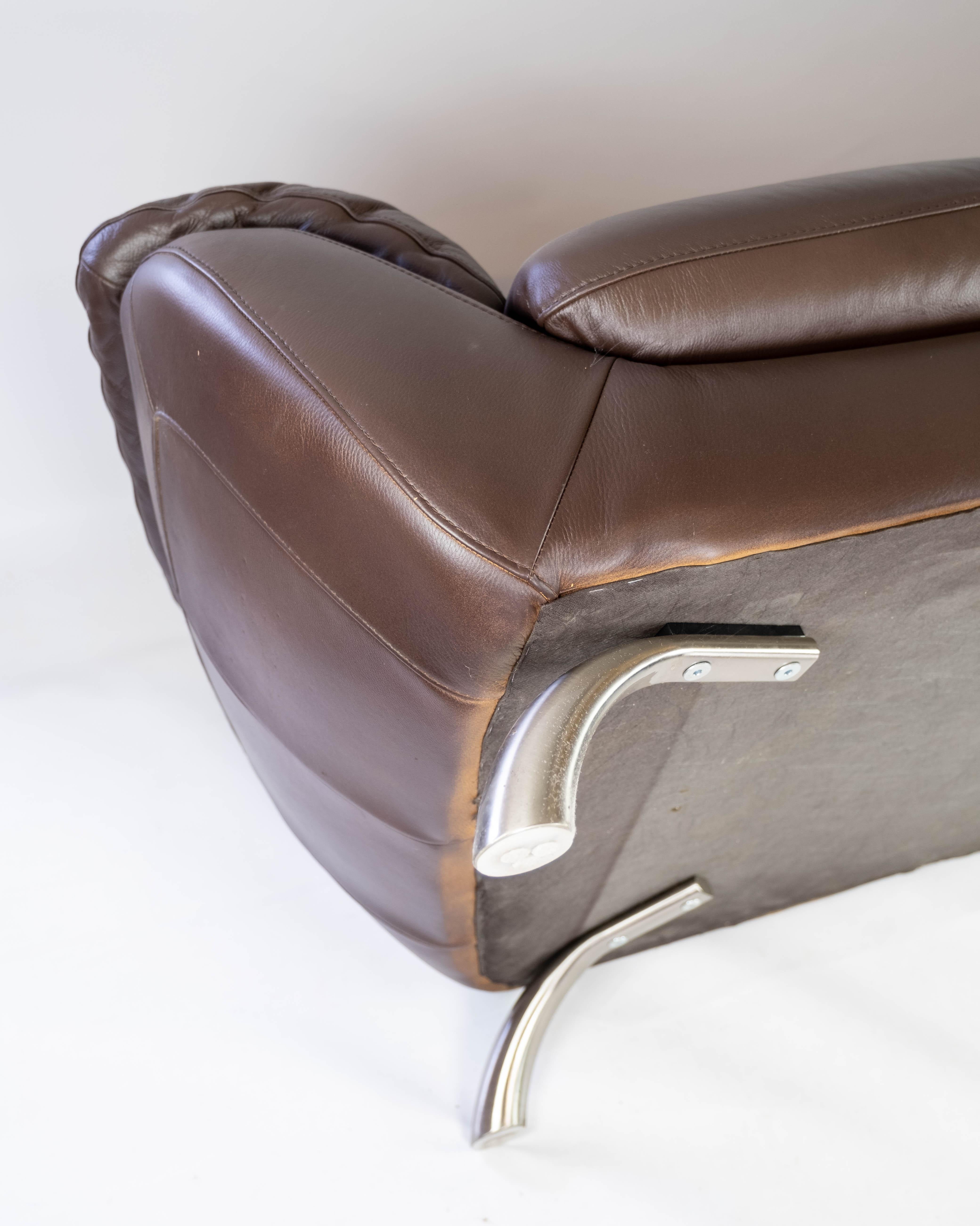 Two Seater Sofa Upholstered with Brown Leather and Frame of Metal, by Italsofa 4