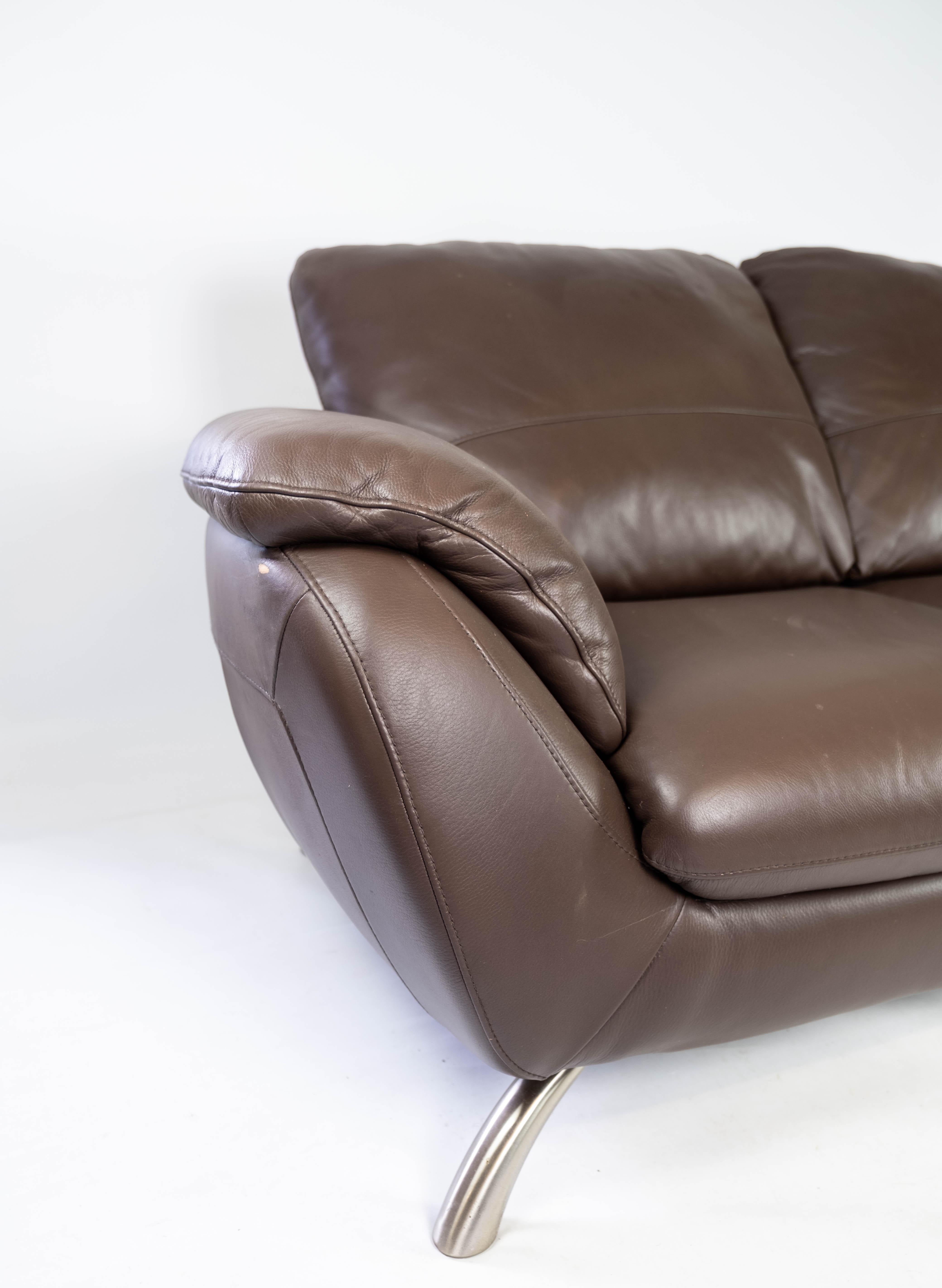 Late 20th Century Two Seater Sofa Upholstered with Brown Leather and Frame of Metal, by Italsofa