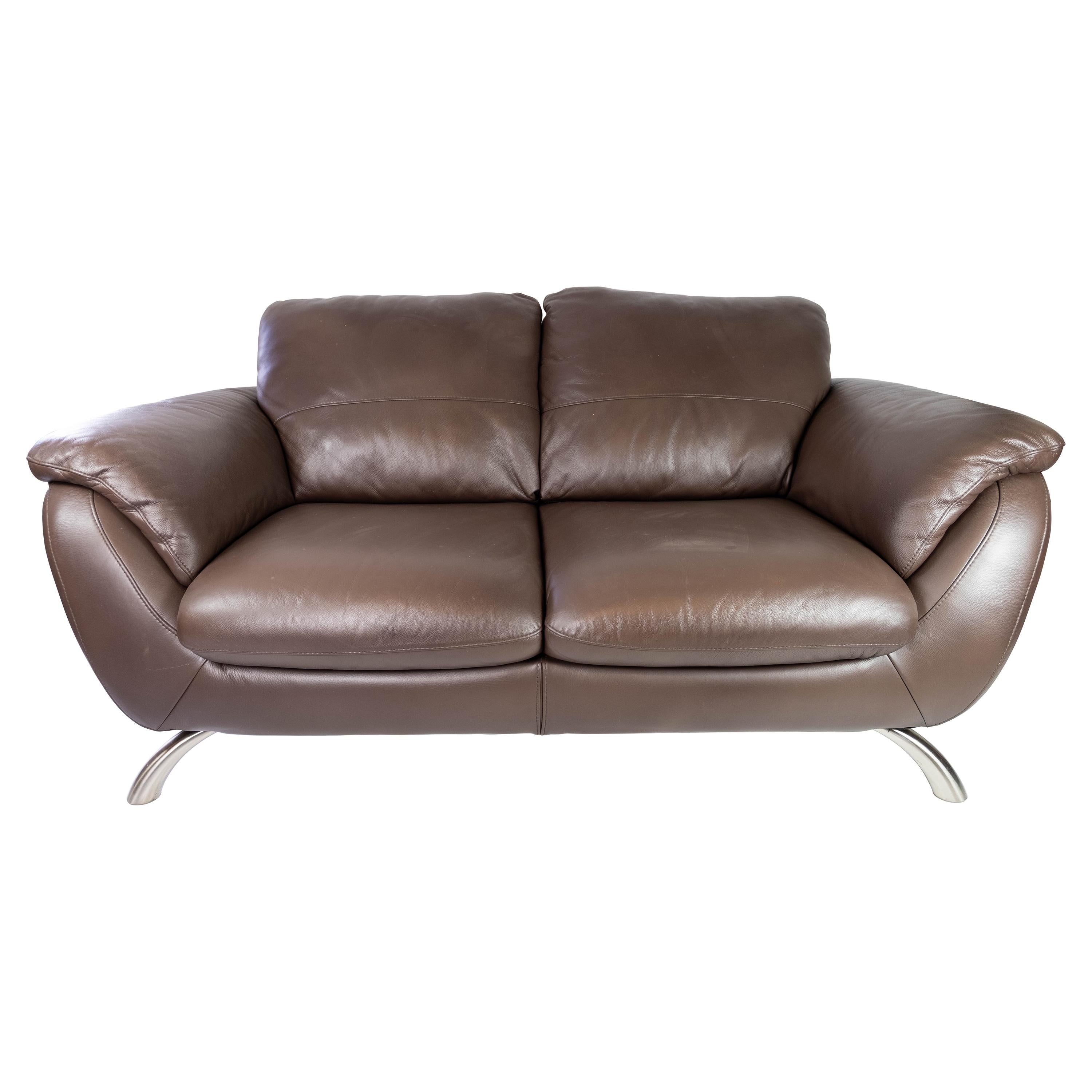 Two Seater Sofa Upholstered with Brown Leather and Frame of Metal, by Italsofa