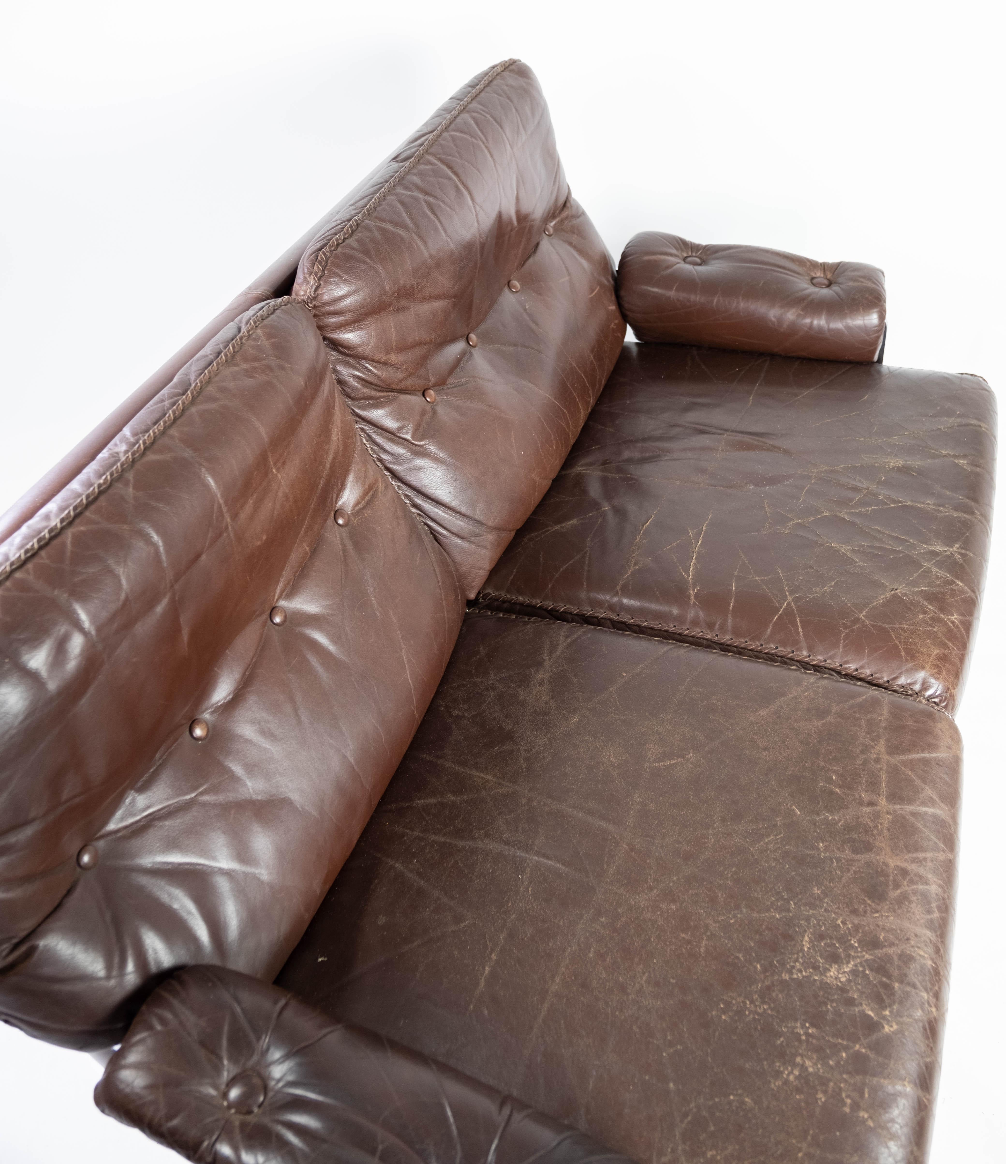 Two Seater Sofa Made In Patinated Brown Leather By Arne Norell From 1970s For Sale 3