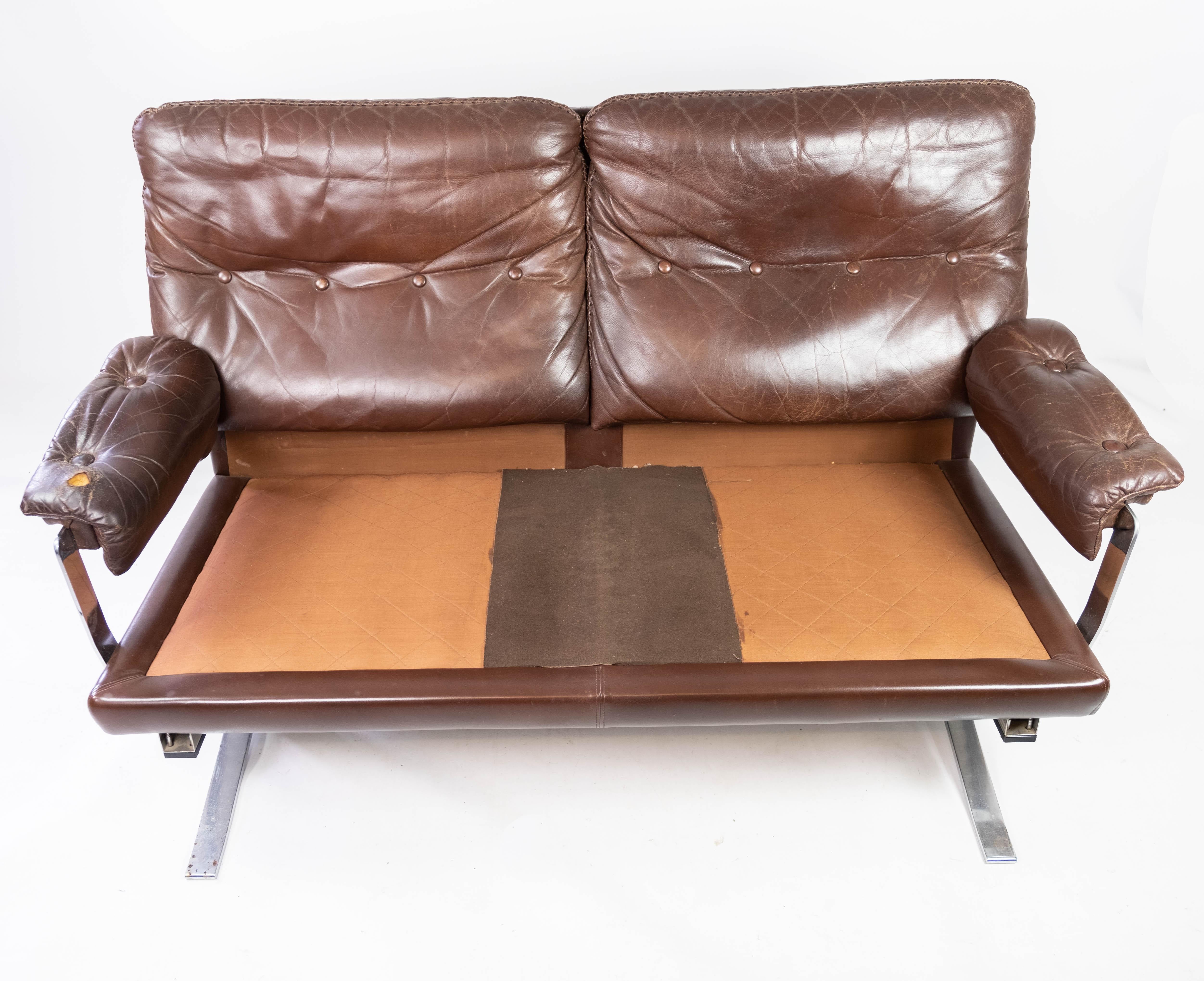 Two Seater Sofa Made In Patinated Brown Leather By Arne Norell From 1970s For Sale 9