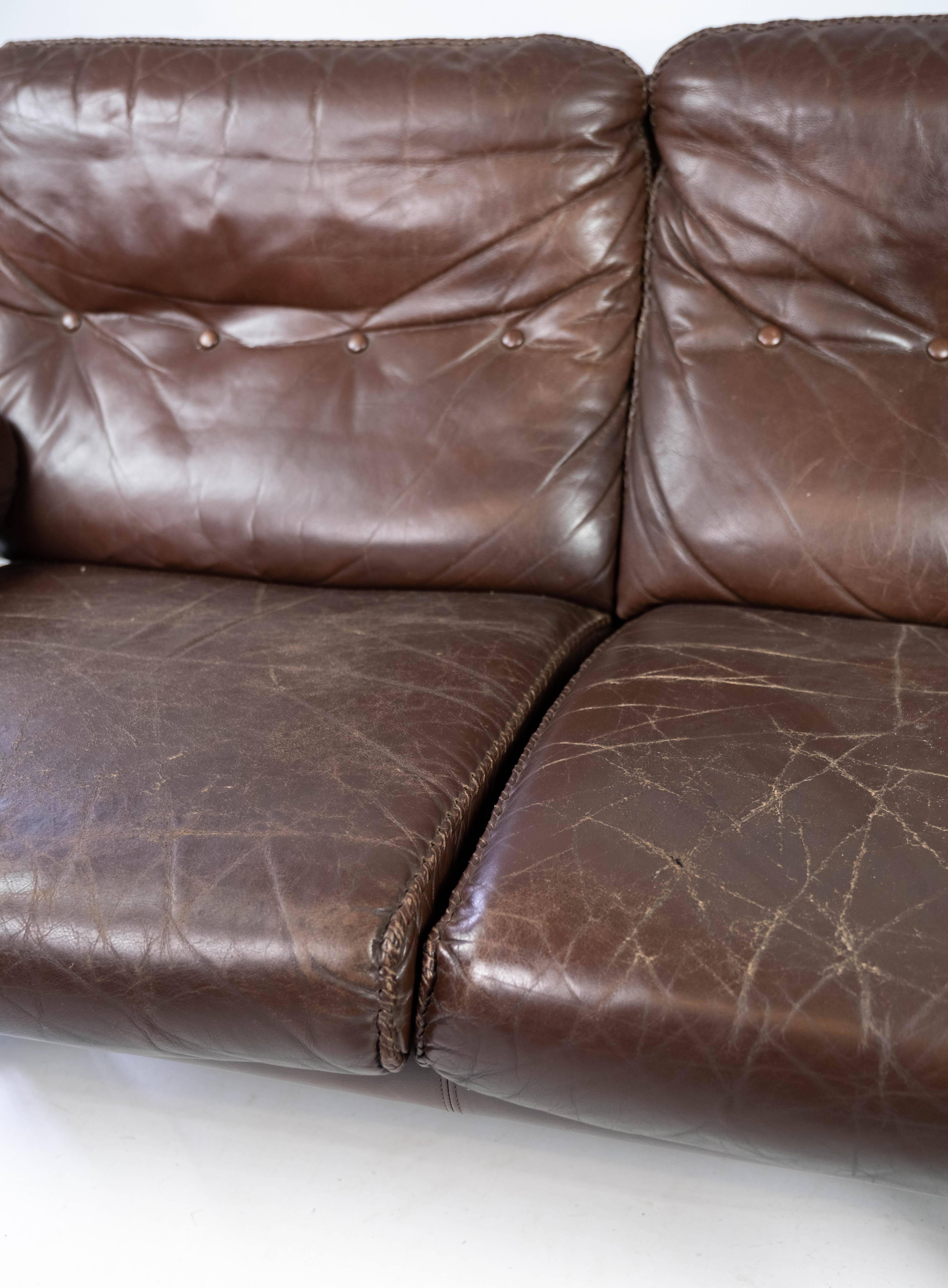 Mid-Century Modern Two Seater Sofa Made In Patinated Brown Leather By Arne Norell From 1970s For Sale