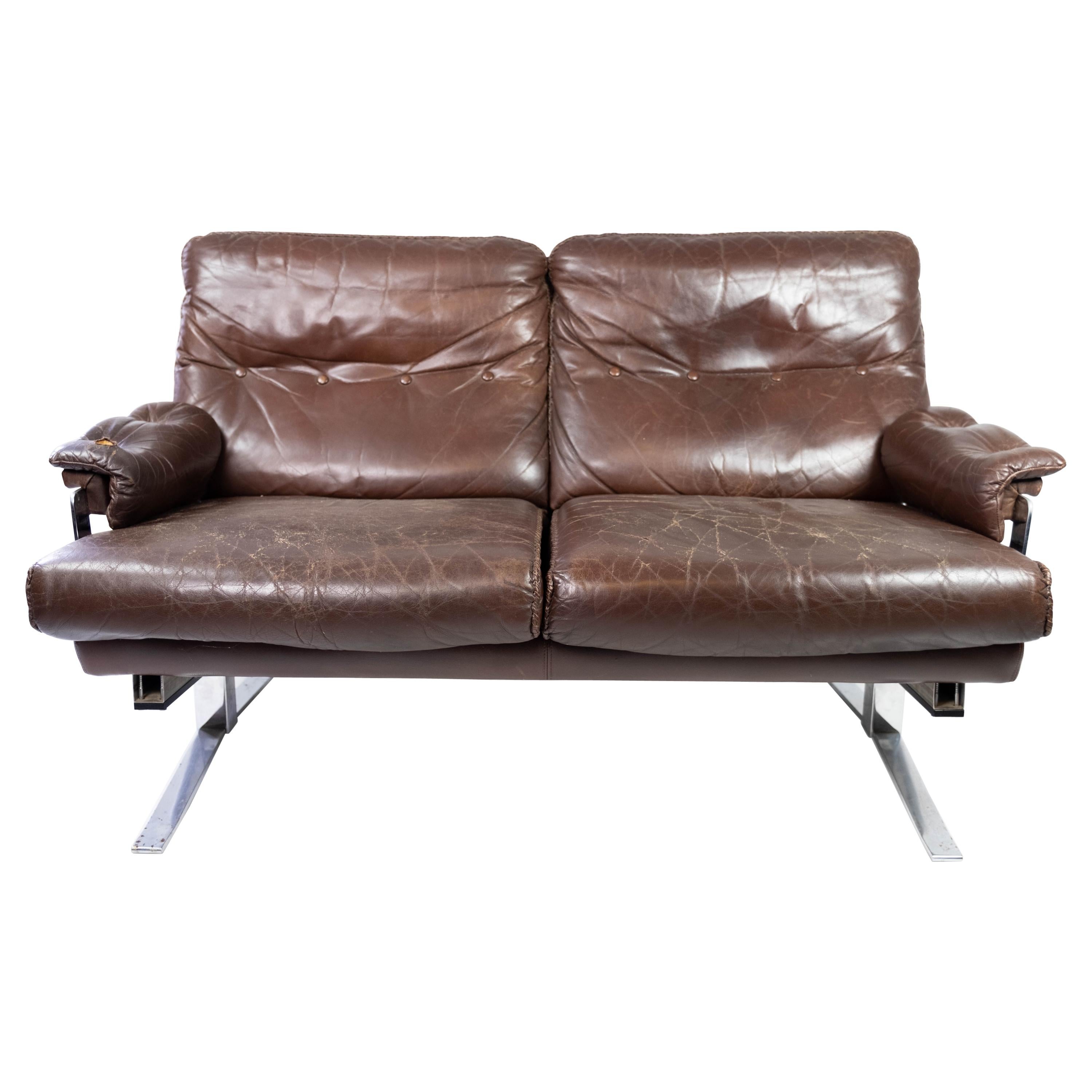 Two Seater Sofa Upholstered with Patinated Brown Leather, by Arne Norell, 1970s