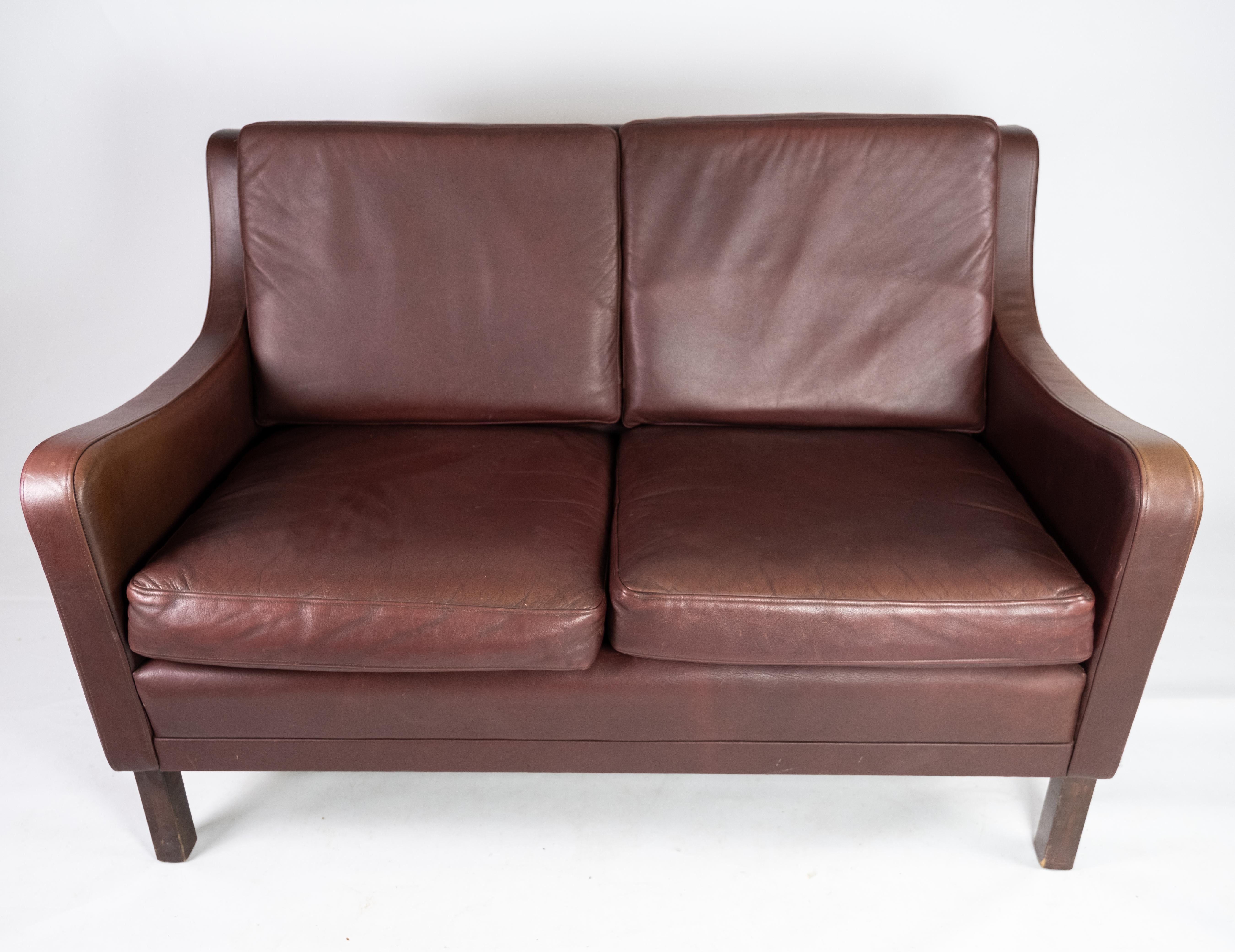 Danish Two-Seat Sofa, with Red Brown Leather by Stouby Furniture