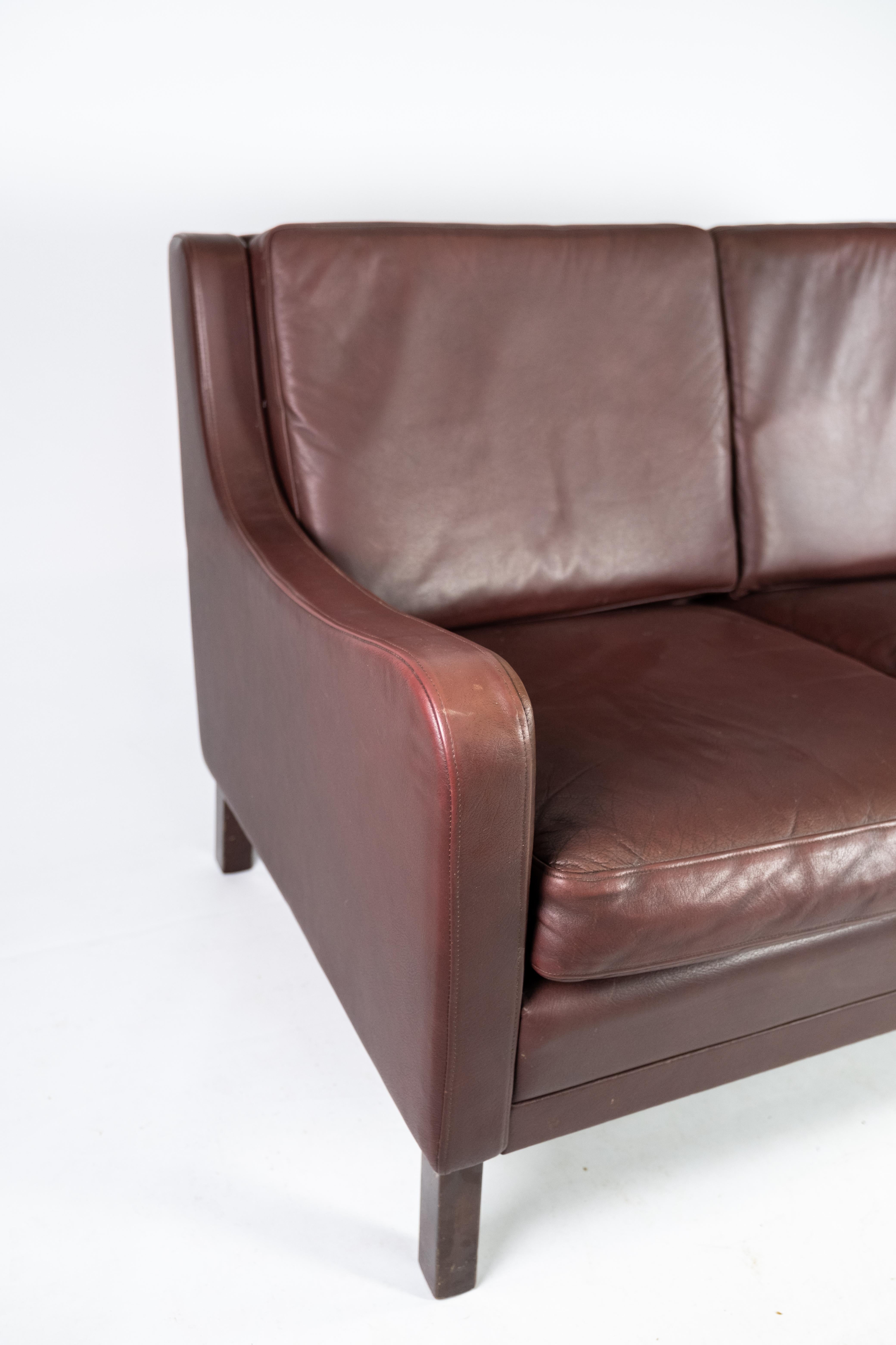 Two-Seat Sofa, with Red Brown Leather by Stouby Furniture In Good Condition In Lejre, DK