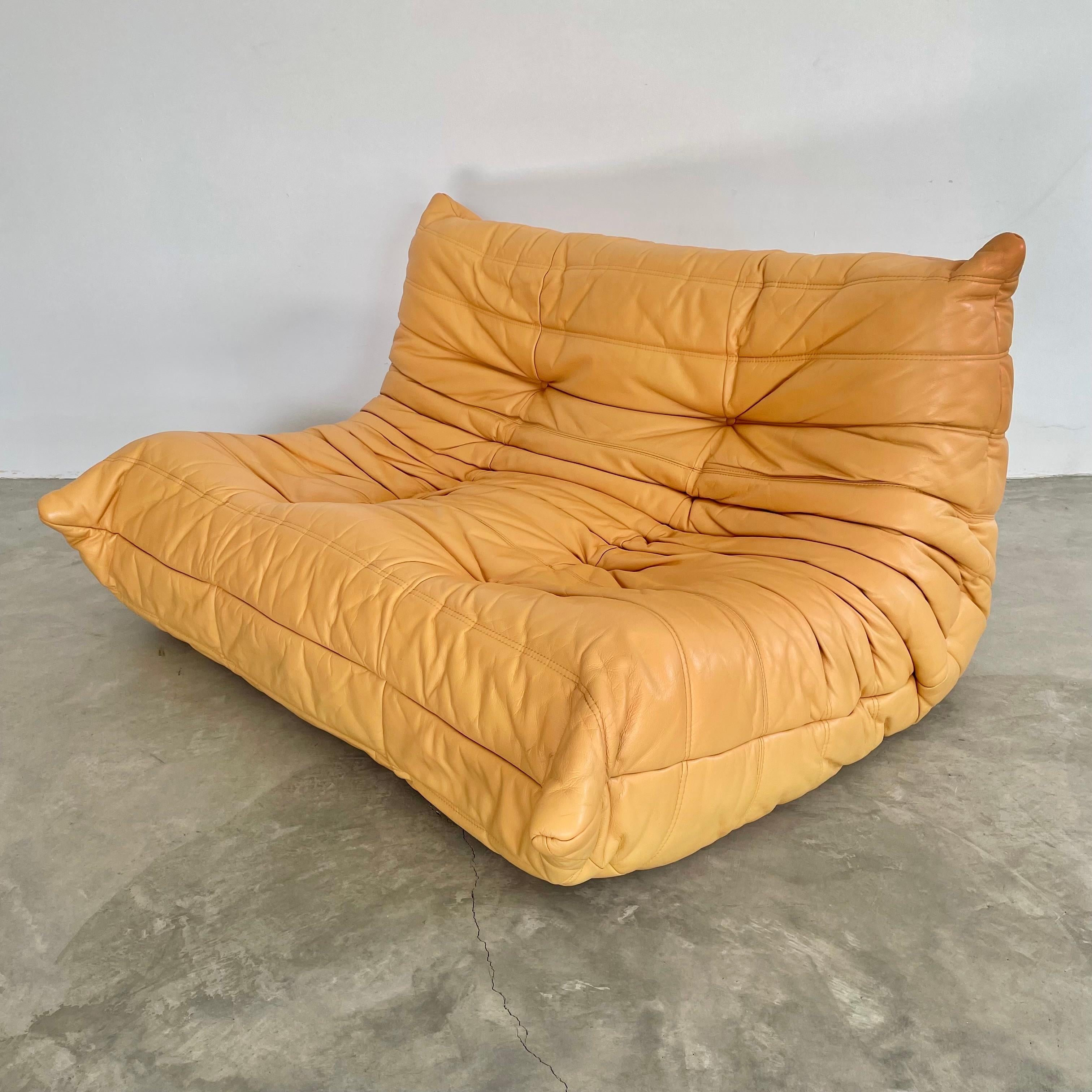 Sofá Togo de dos plazas en piel amarilla de Ligne Roset, años 80 Francia en venta 5