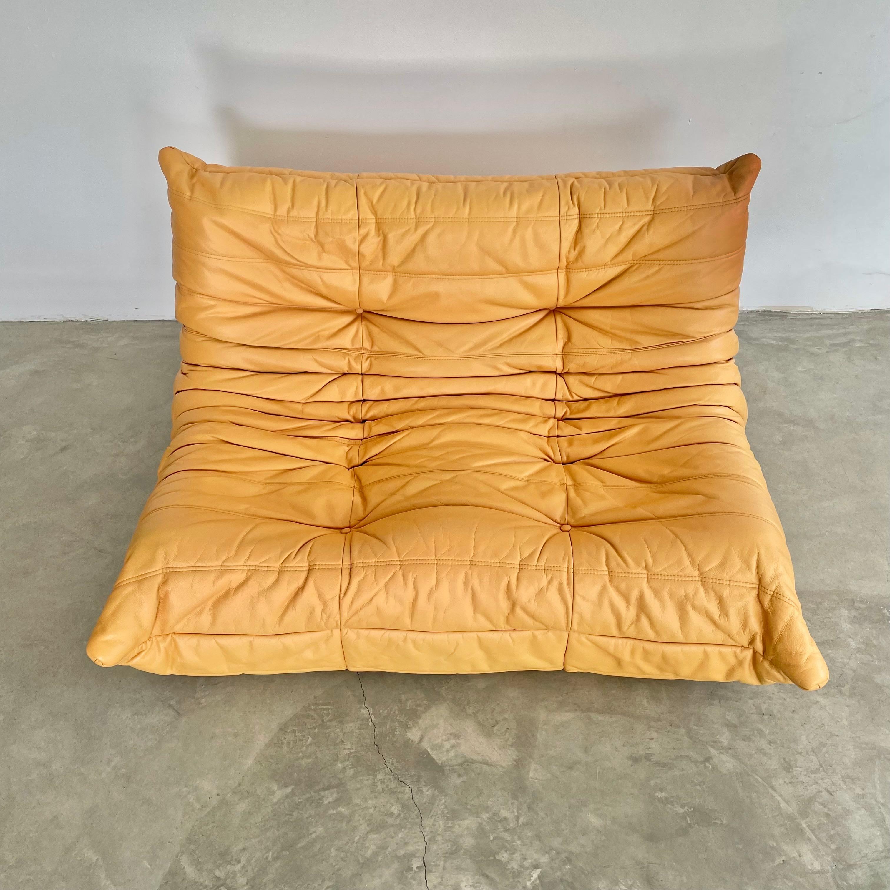 Sofá Togo de dos plazas en piel amarilla de Ligne Roset, años 80 Francia en venta 10