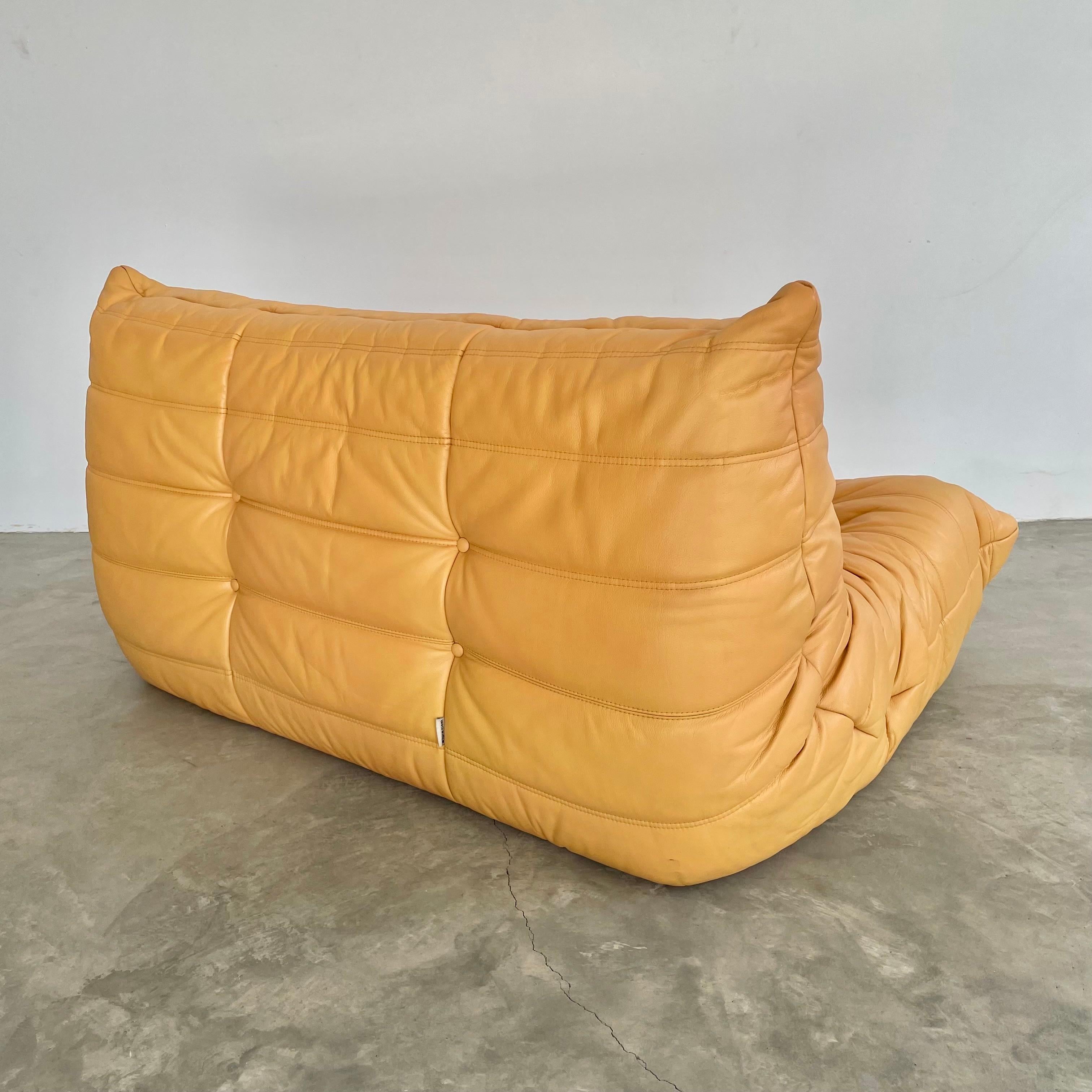 Two Seater Togo Sofa in Yellow Leather by Ligne Roset, 1980s France In Good Condition For Sale In Los Angeles, CA