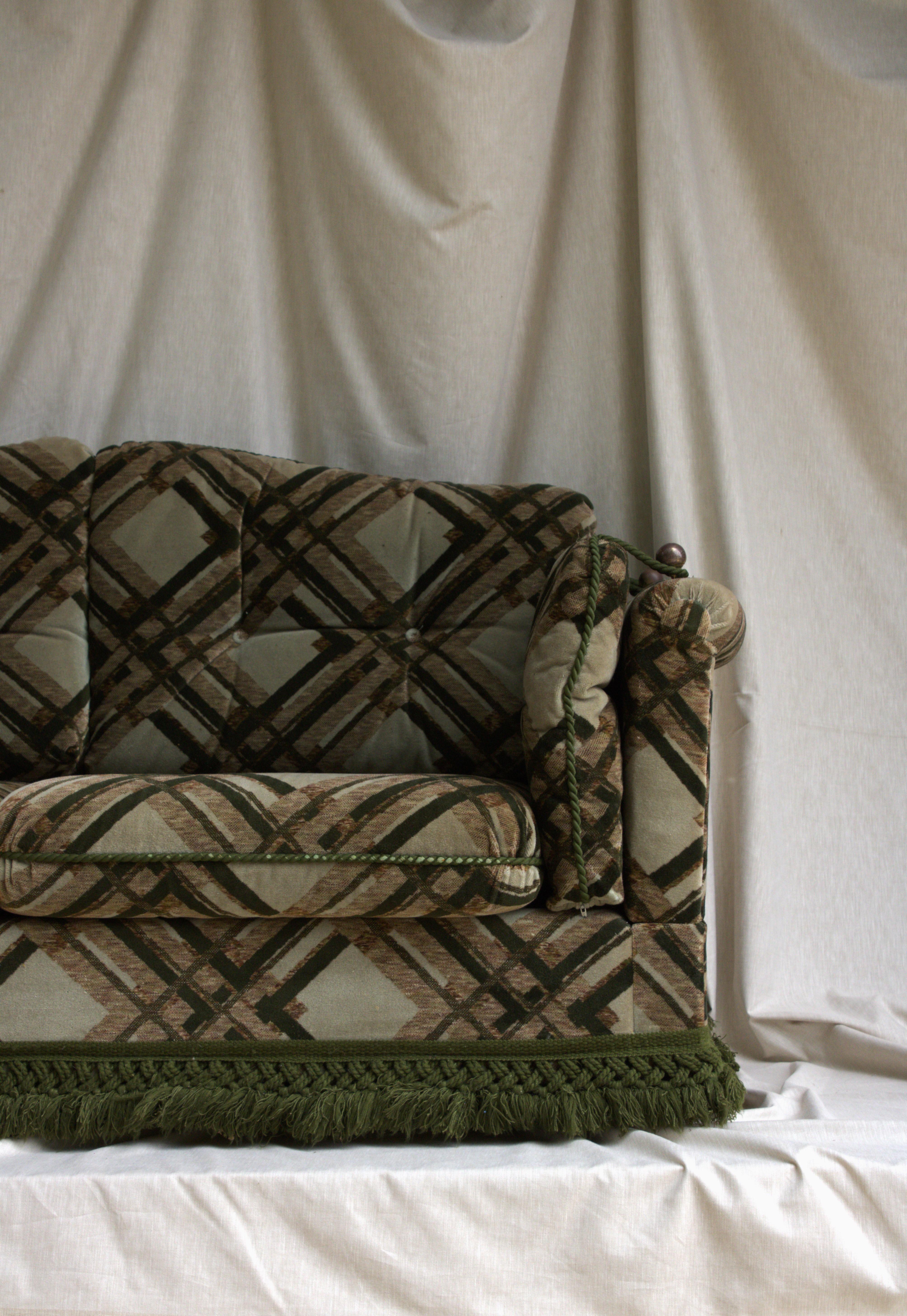 French Two-Seater Velvet Canapé by Maison Jansen, with Bronze Accents and Passementerie