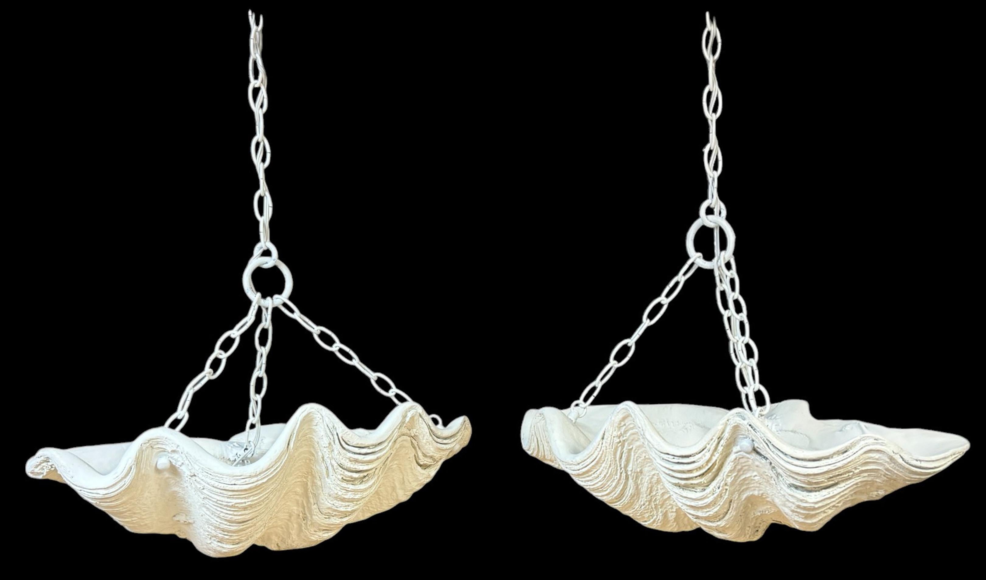 Two Serge Roche Attributed Cast Lacquered Plaster Clam Shell Chandelier 
Of the period, France, circa 1950s, attributed to Serge Roche (1898-1988)
Sold individually. 

Two Serge Roche attributed cast and painted plaster clamshell chandeliers, from