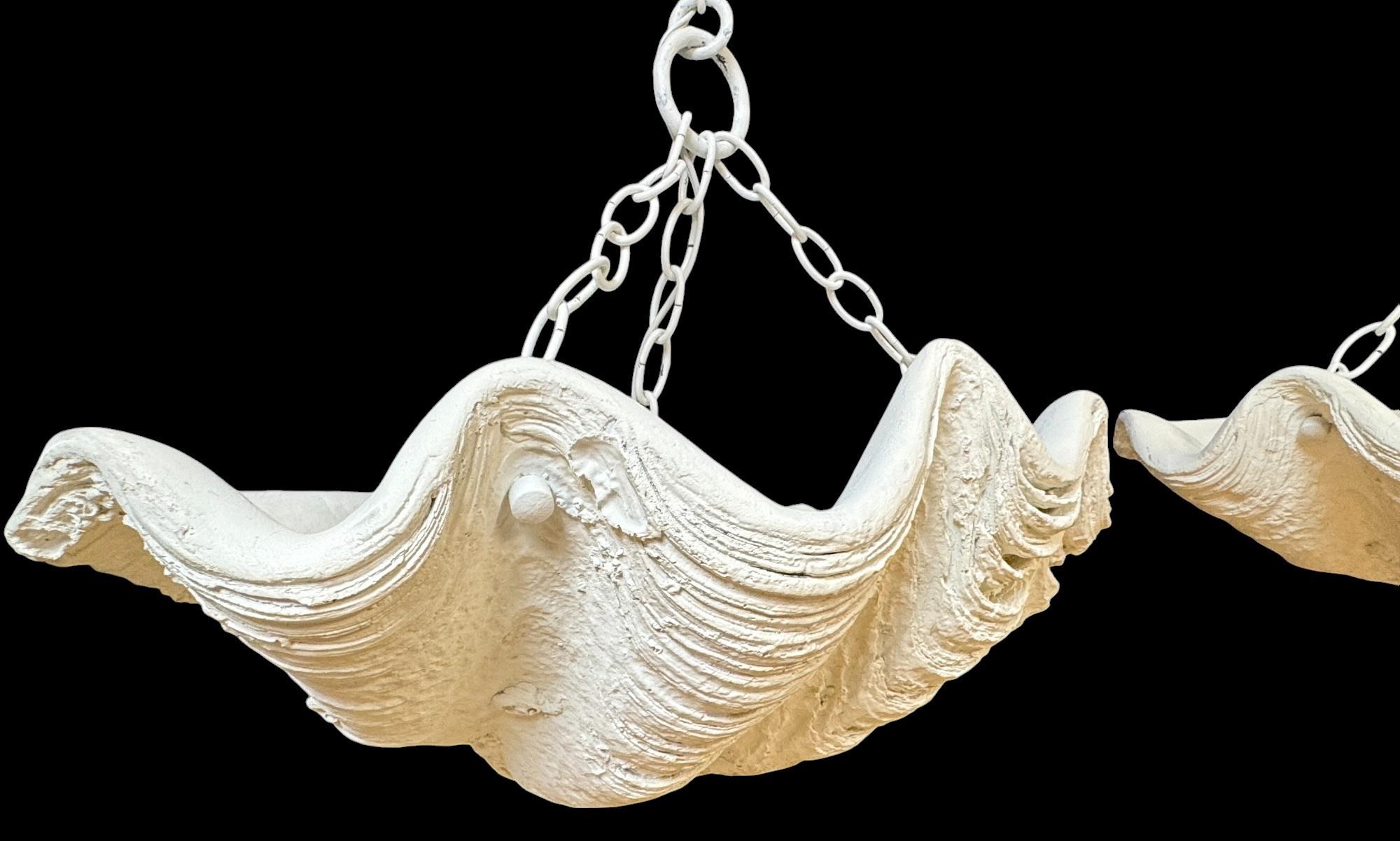 French Two Serge Roche Attributed Cast Painted Plaster Clam Shell Chandelier, 1950s For Sale