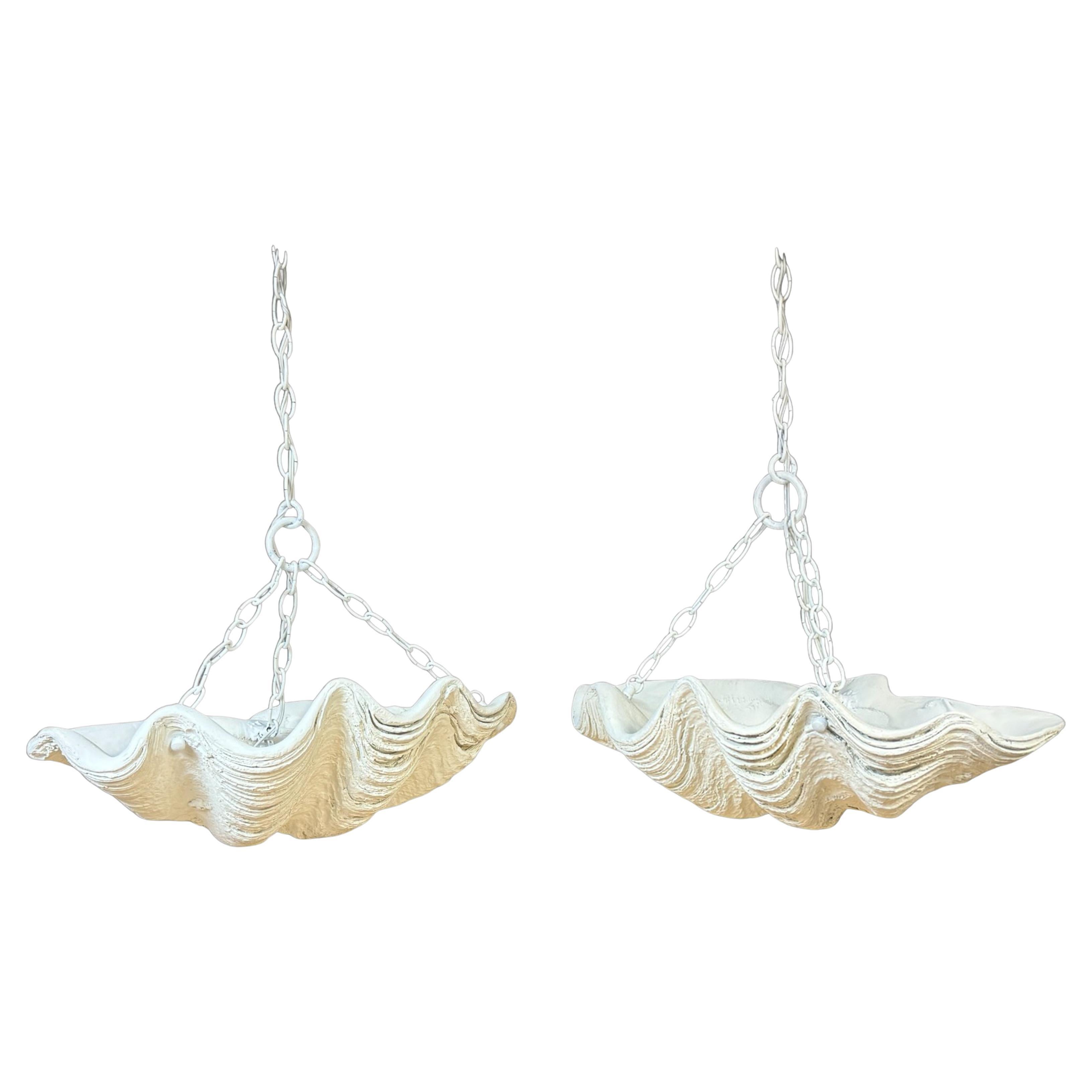 Two Serge Roche Attributed Cast Painted Plaster Clam Shell Chandelier, 1950s