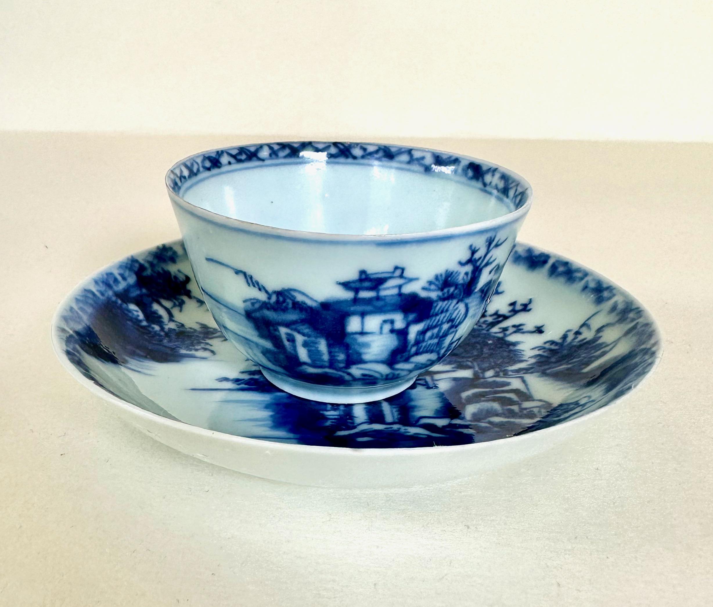 One set of blue and white Qing Dynasty cup and saucer recovered from the Nanking Cargo. A large cache of porcelain and other merchandise was discovered on the wreck of a Dutch East India Company ship, the Geldermalsen, which sank in the South China