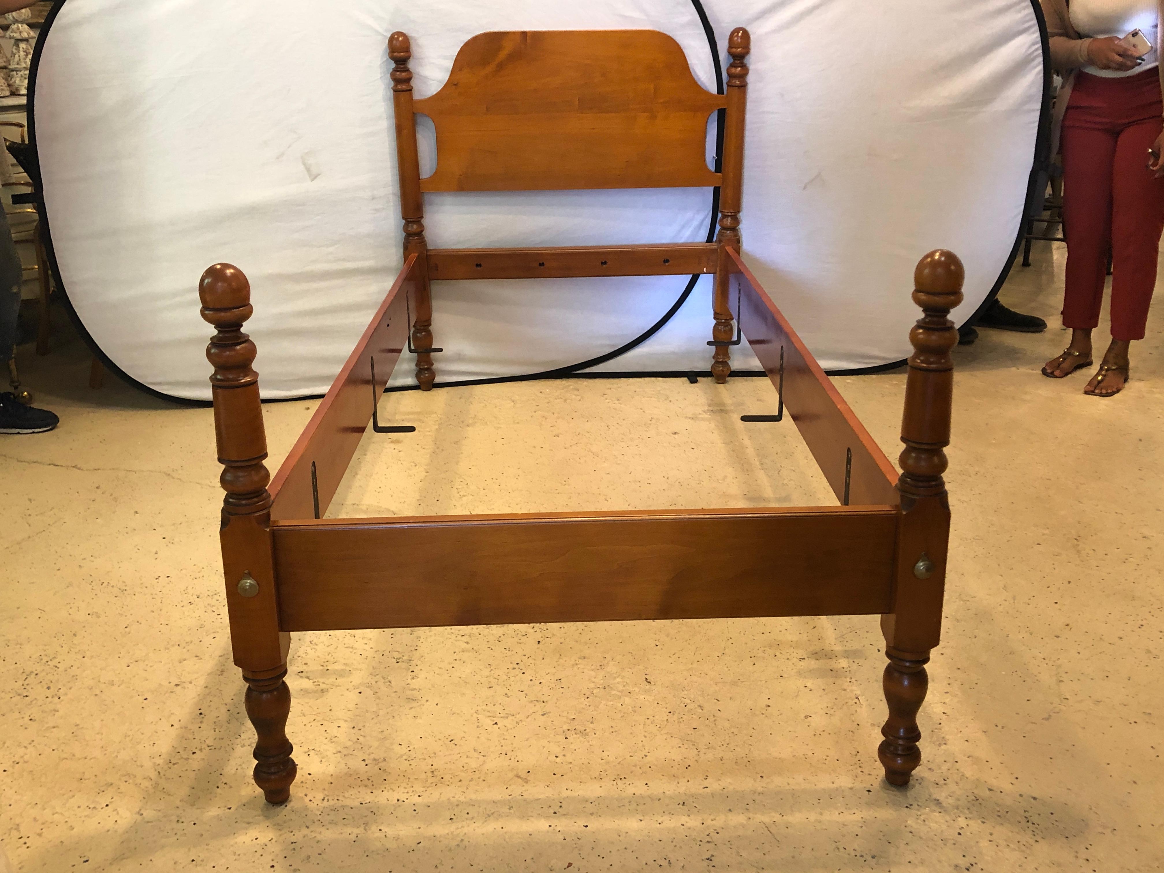 Two sets of four ball top poster twin beds by Leonards Sackonk, MA. Each having all hardware and side rails. Can purchase one or all four beds. Complete with all mounting and tools. Price is for one pair of beds. Can purchase one bed or all