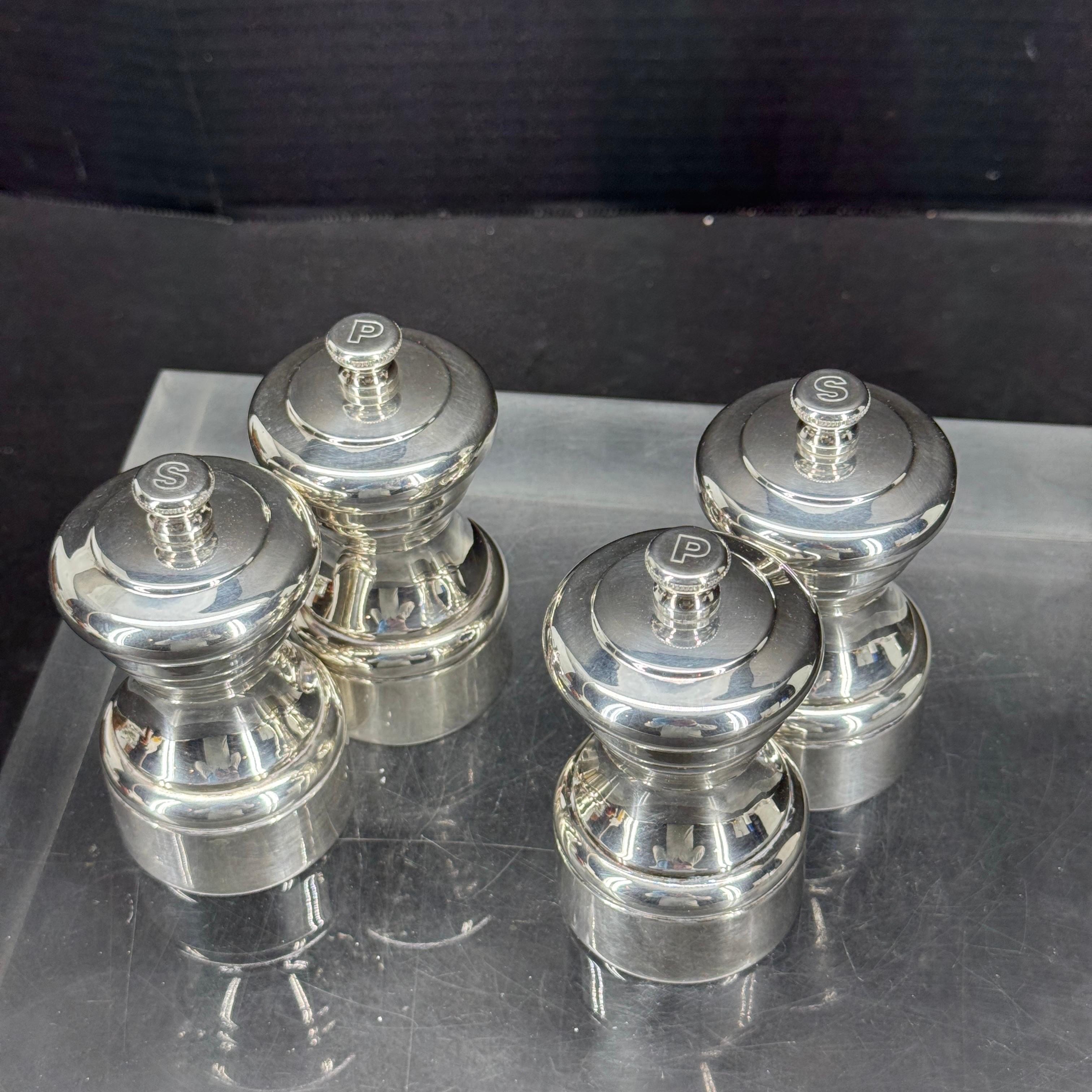 Hand-Crafted Two Sets of French Peugeot Silver Plate Salt Pepper Mills