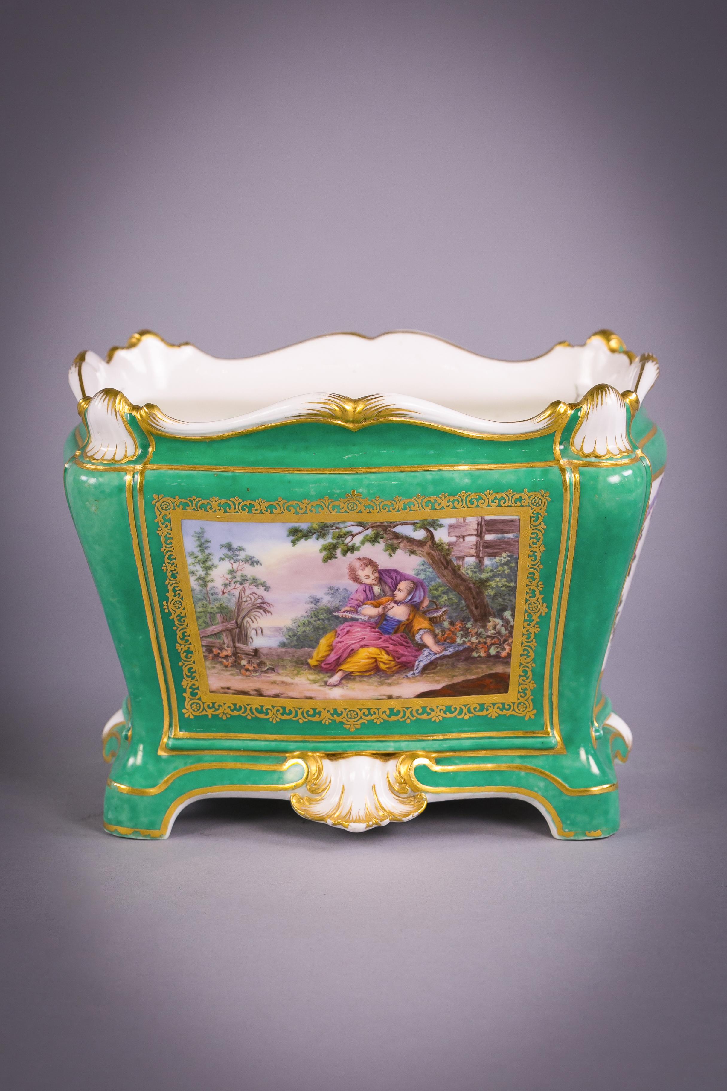Also known as Cuvettes A Fleurs 'A Tombeau', flower bowls 'a tomb'. Meticulously painted with scenes derived from 'La Chasse' and 'La Pesche' by Jean Baptiste Le Prince after pencil and wash drawings by Francois Boucher.