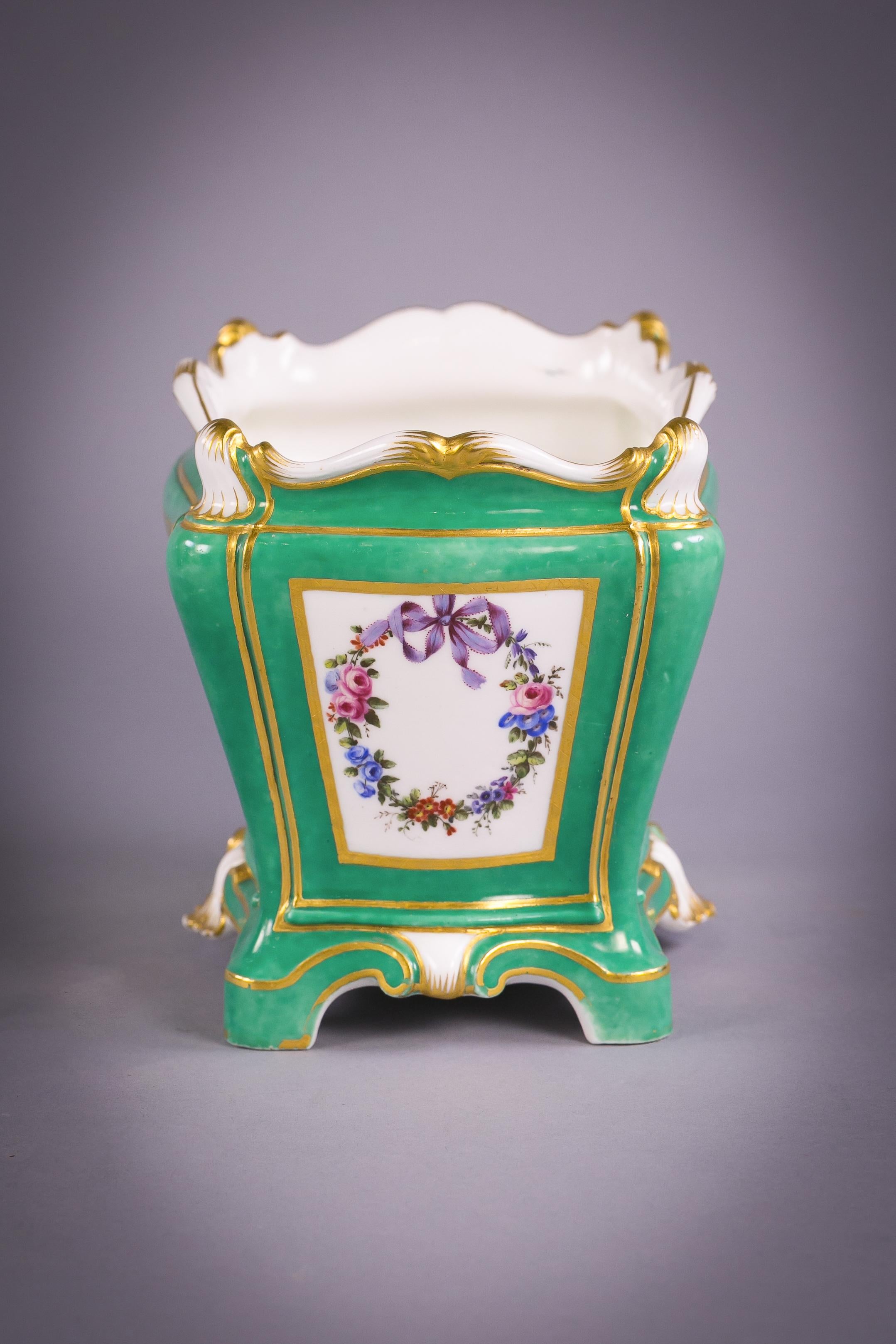 French Two Sevres Green Ground Flower Vases, Dated 1764 and 1765 For Sale