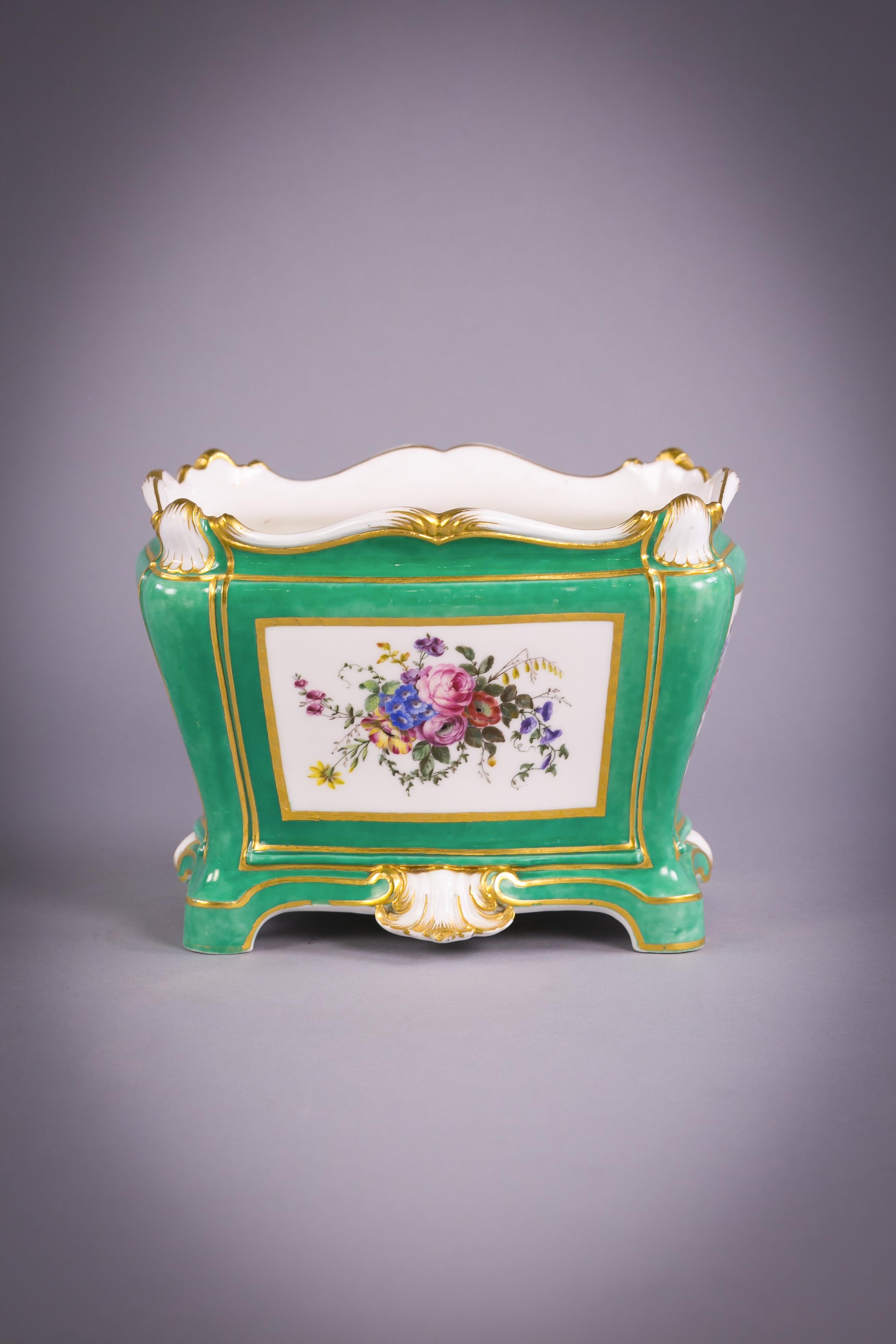 Two Sevres Green Ground Flower Vases, Dated 1764 and 1765 In Good Condition For Sale In New York, NY