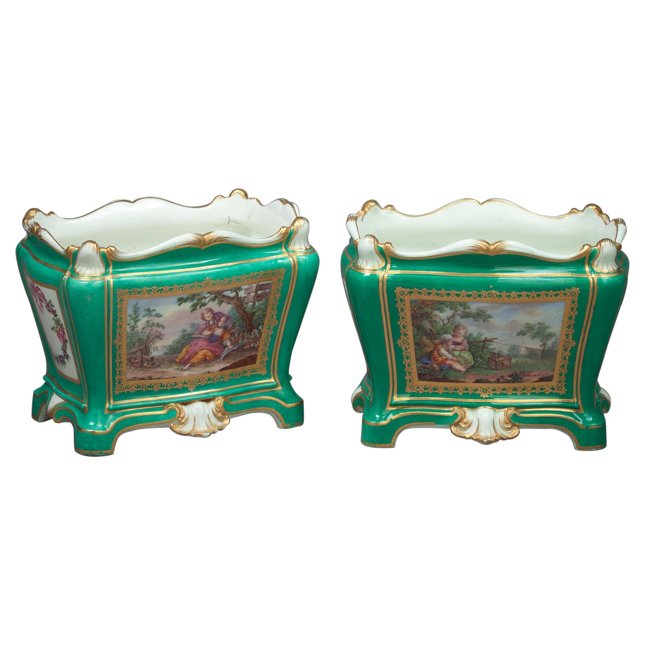 Two Sevres Green Ground Flower Vases, Dated 1764 and 1765 For Sale