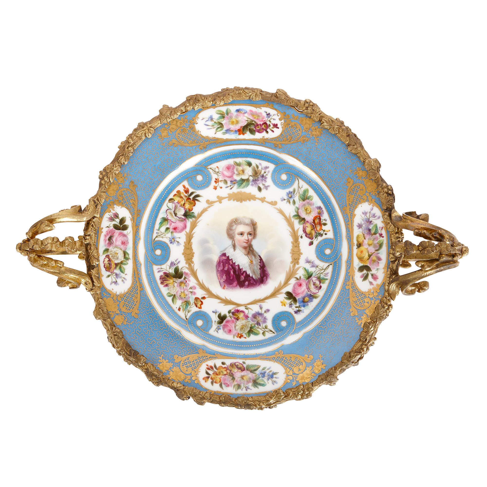 Rococo Two Sevres Style Gilt Bronze Mounted Painted Porcelain Plates