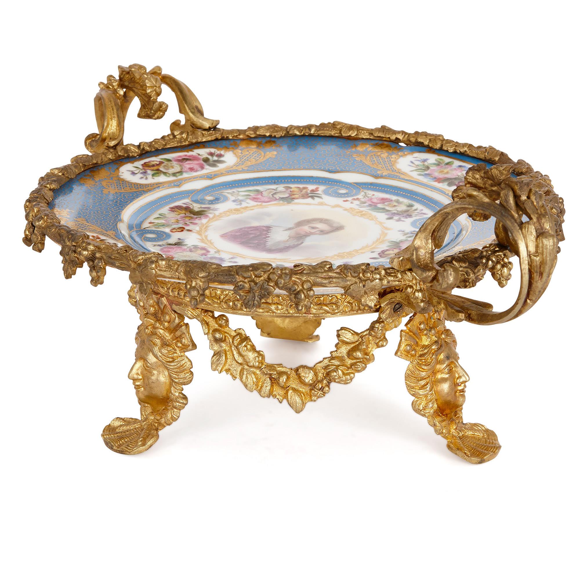 Ormolu Two Sevres Style Gilt Bronze Mounted Painted Porcelain Plates